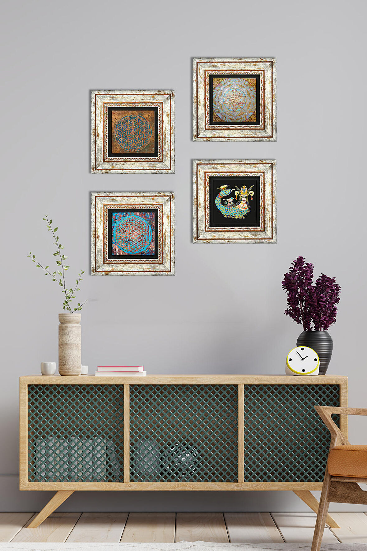 Yaşam Çiçeği, Sri Yantra, Şahmeran Taş Duvar Tablosu Çerçeveli Duvar Dekoru 4 Parça Tablo Seti Wall Art