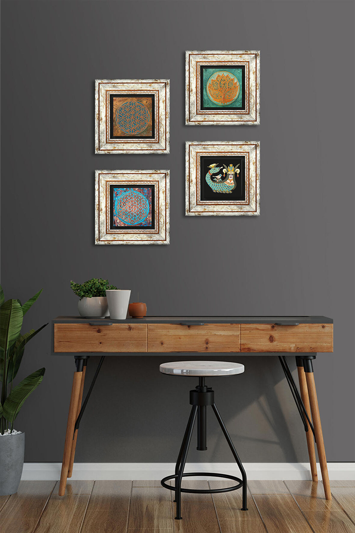 Yaşam Çiçeği, Lotus Çiçeği, Şahmeran Taş Duvar Tablosu Çerçeveli Duvar Dekoru 4 Parça Tablo Seti Wall Art
