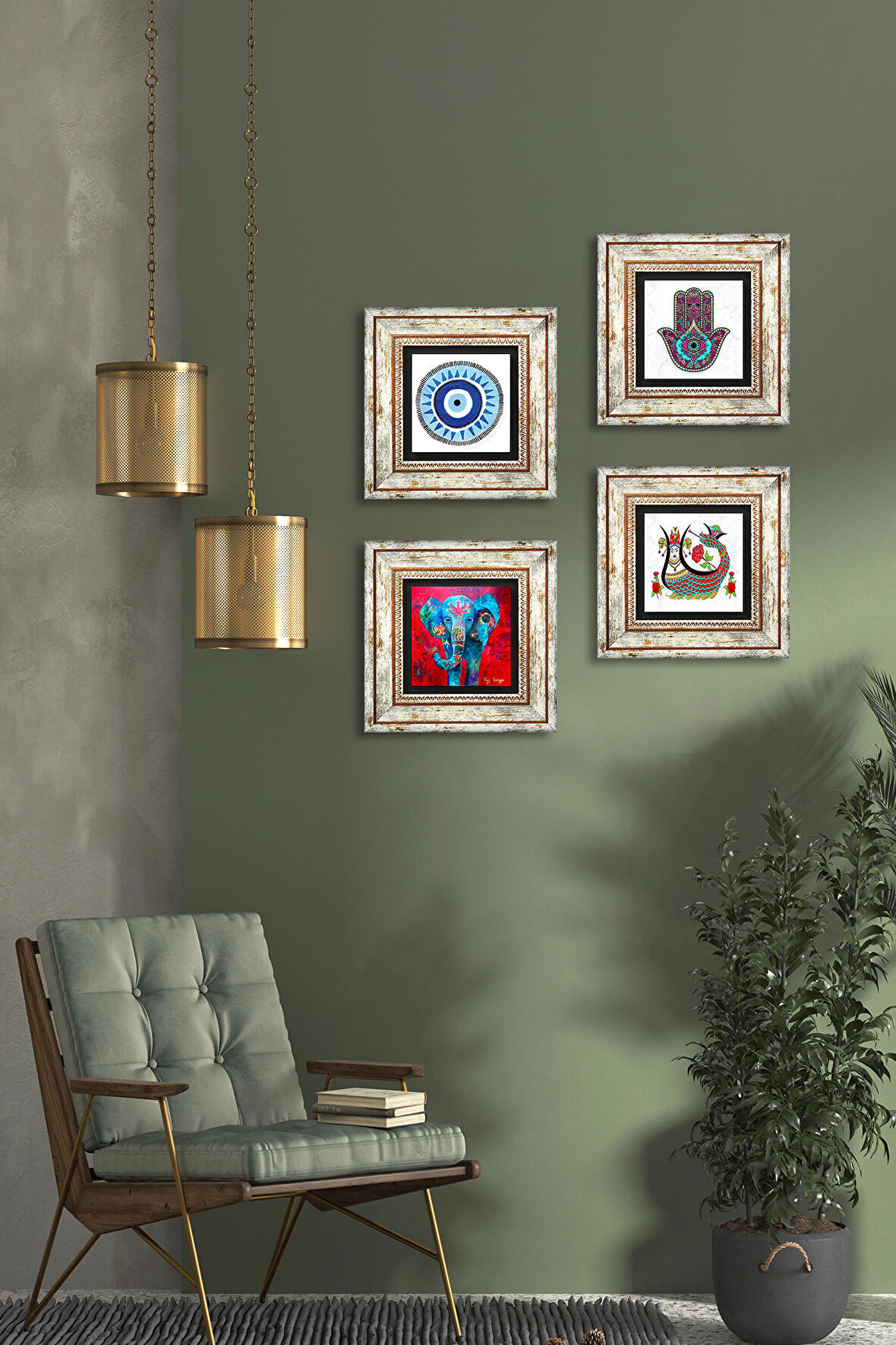 Nazar, Fil, Fatma Ana Eli (Hamsa), Şahmeran Taş Duvar Tablosu Çerçeveli Duvar Dekoru 4 Parça Tablo Seti Wall Art