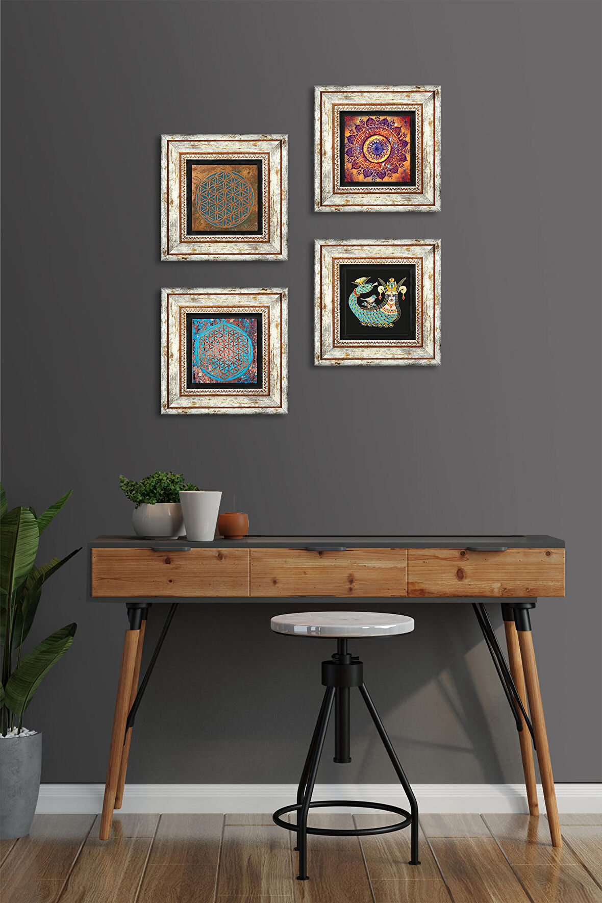 Mandala, Yaşam Çiçeği, Şahmeran Taş Duvar Tablosu Çerçeveli Duvar Dekoru 4 Parça Tablo Seti Wall Art