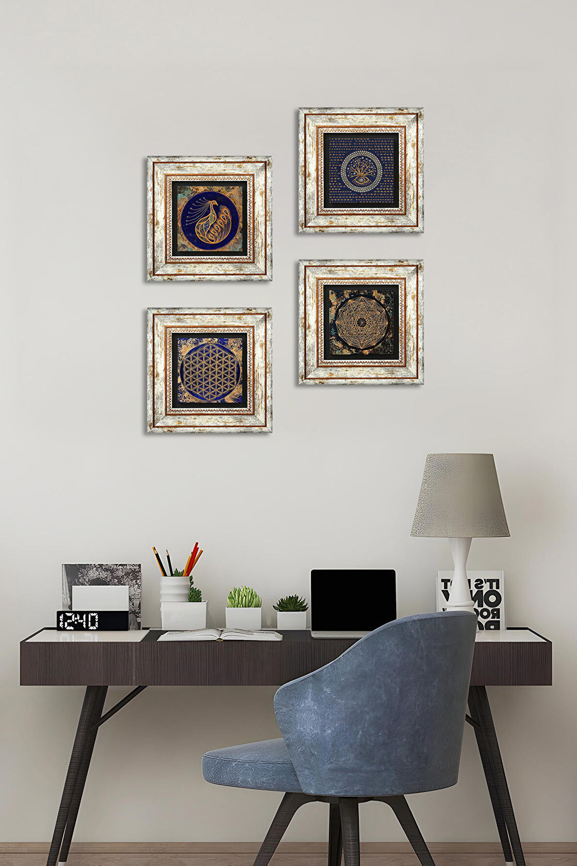 Nazar, Sri Yantra, Tavus Kuşu, Yaşam Çiçeği Taş Duvar Tablosu Çerçeveli Duvar Dekoru 4 Parça Tablo Seti Wall Art