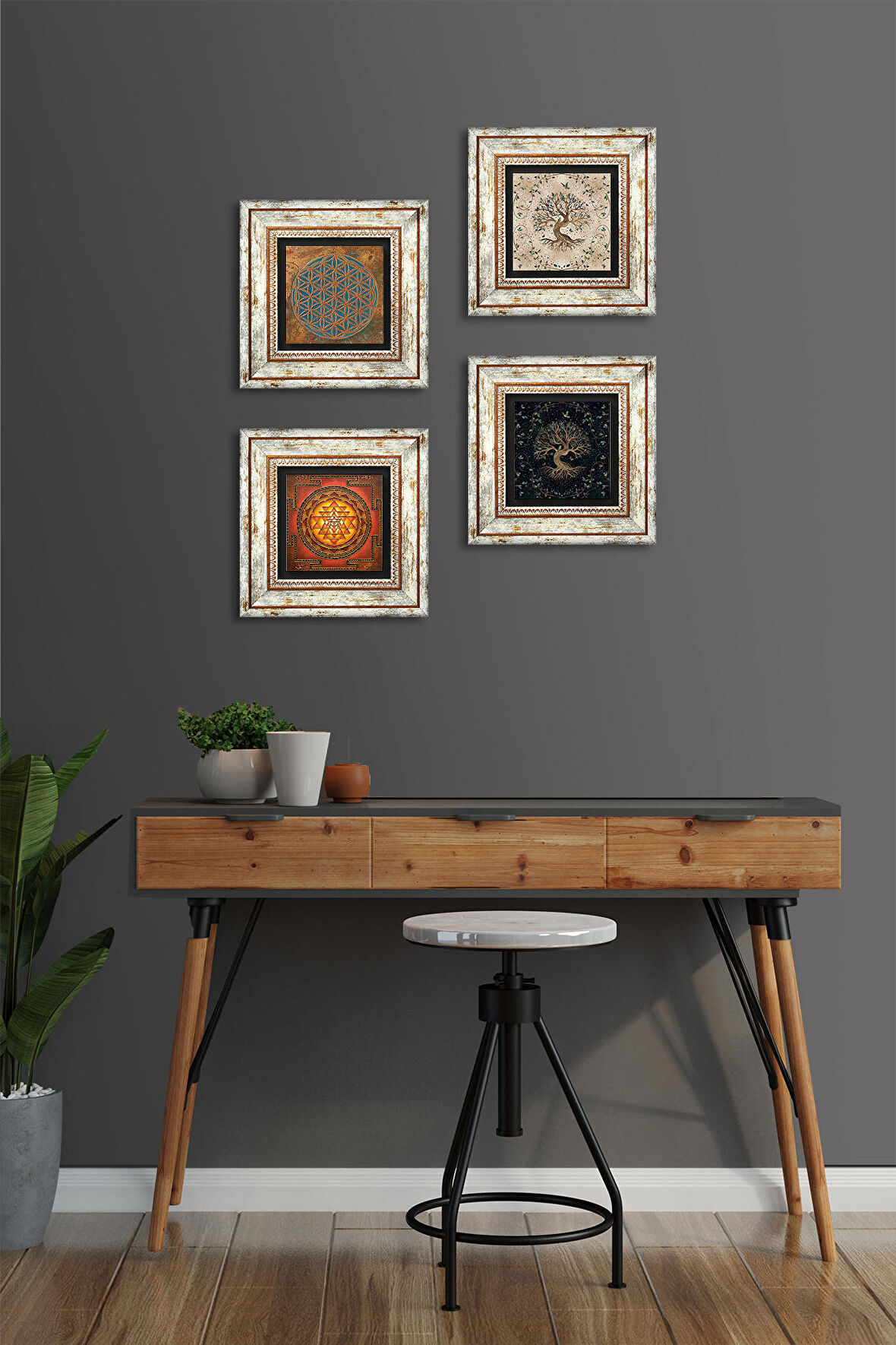 Yaşam Çiçeği, Sri Yantra, Hayat Ağacı Taş Duvar Tablosu Çerçeveli Duvar Dekoru 4 Parça Tablo Seti Wall Art