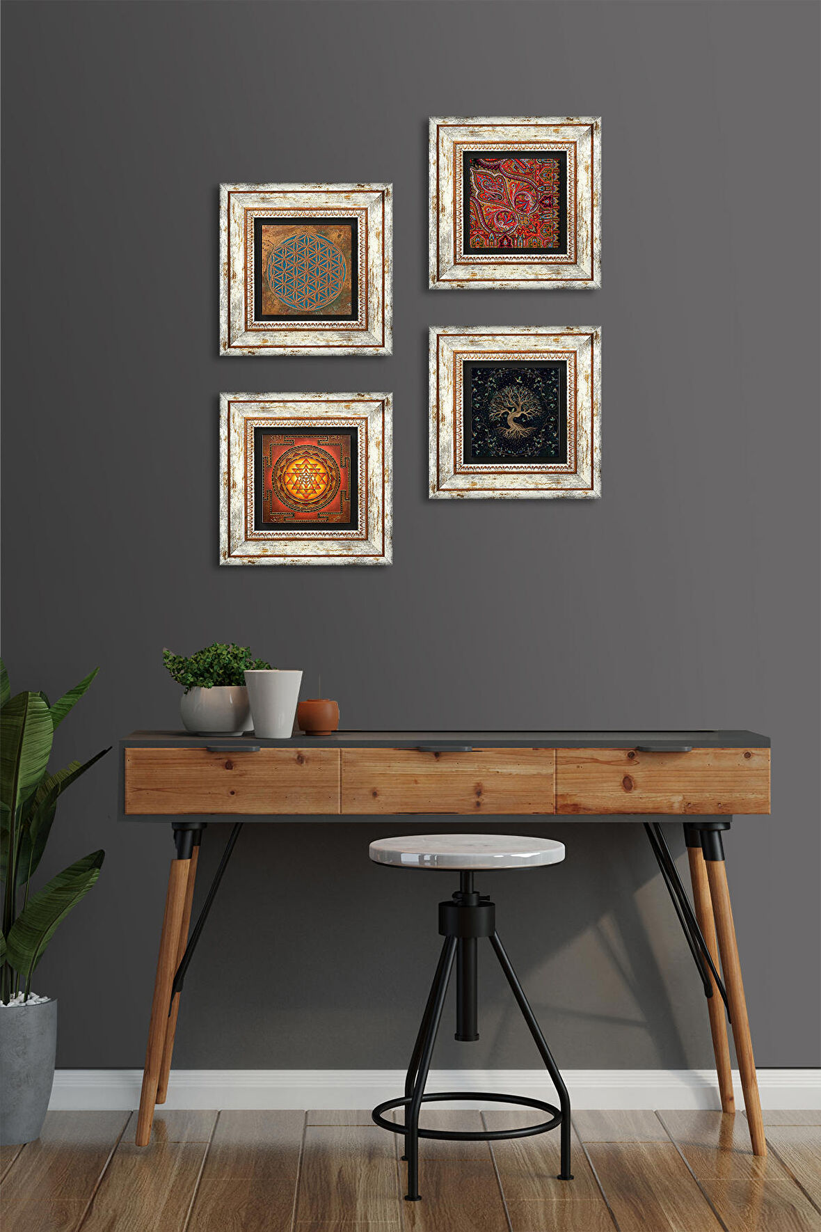 Yaşam Çiçeği, Sri Yantra, Hayat Ağacı, Desen Taş Duvar Tablosu Çerçeveli Duvar Dekoru 4 Parça Tablo Seti Wall Art