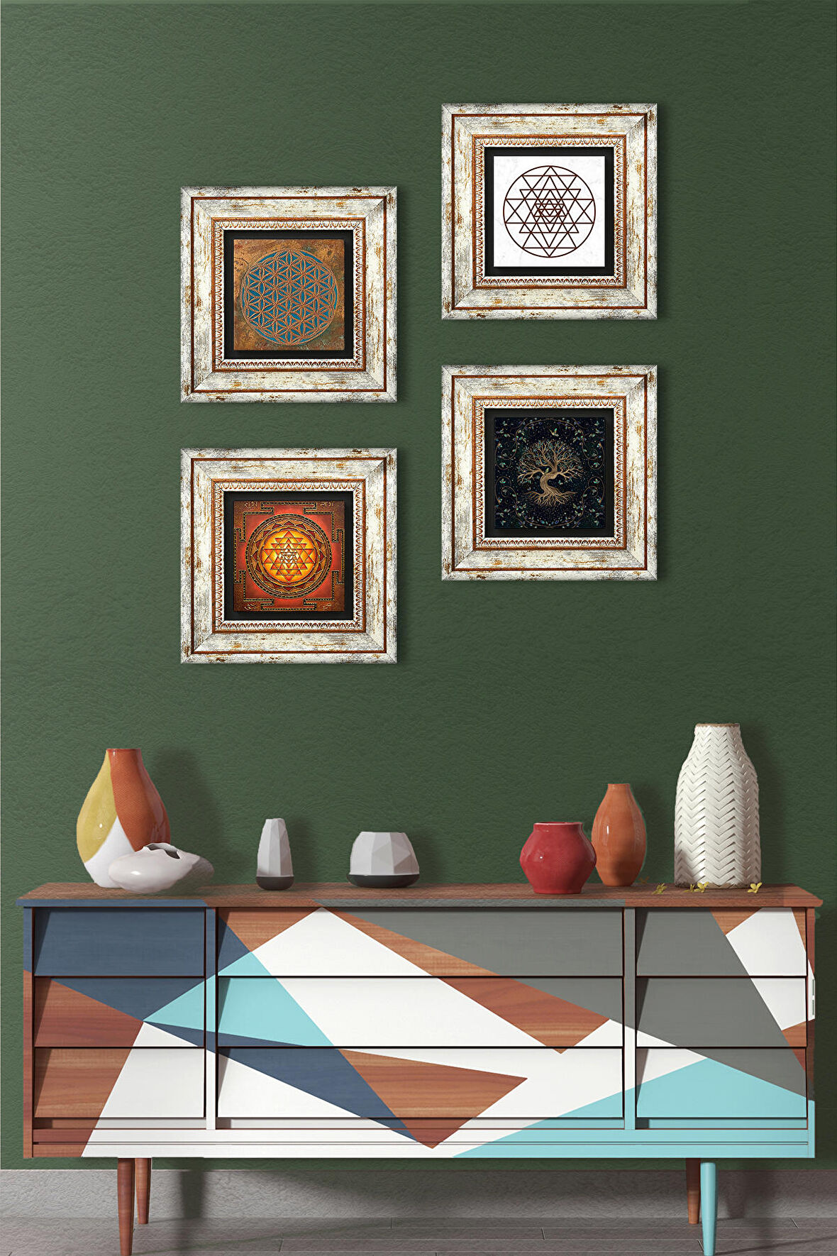 Yaşam Çiçeği, Sri Yantra, Hayat Ağacı Taş Duvar Tablosu Çerçeveli Duvar Dekoru 4 Parça Tablo Seti Wall Art