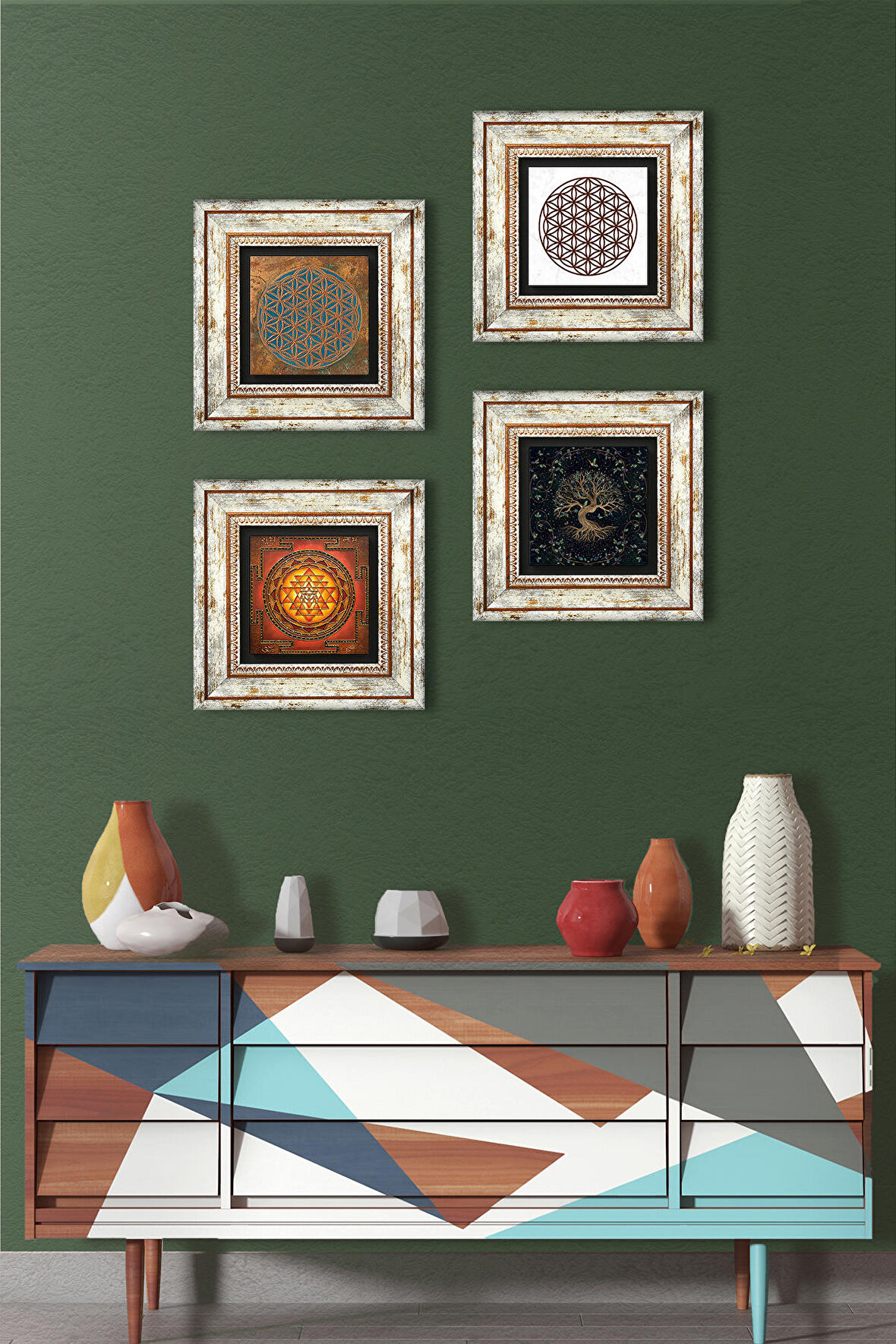 Yaşam Çiçeği, Sri Yantra, Hayat Ağacı Taş Duvar Tablosu Çerçeveli Duvar Dekoru 4 Parça Tablo Seti Wall Art