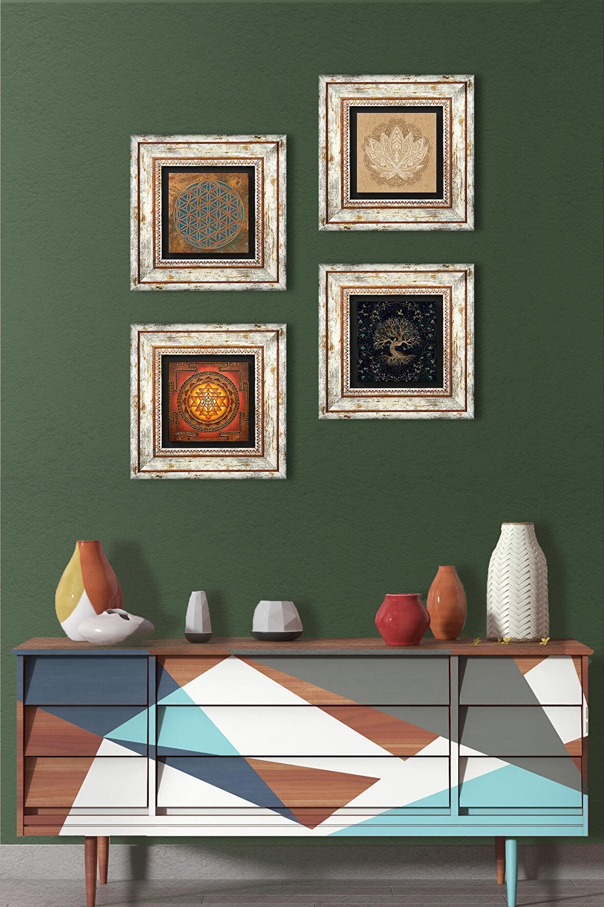 Yaşam Çiçeği, Lotus Çiçeği, Sri Yantra, Hayat Ağacı Taş Duvar Tablosu Çerçeveli Duvar Dekoru 4 Parça Tablo Seti Wall Art