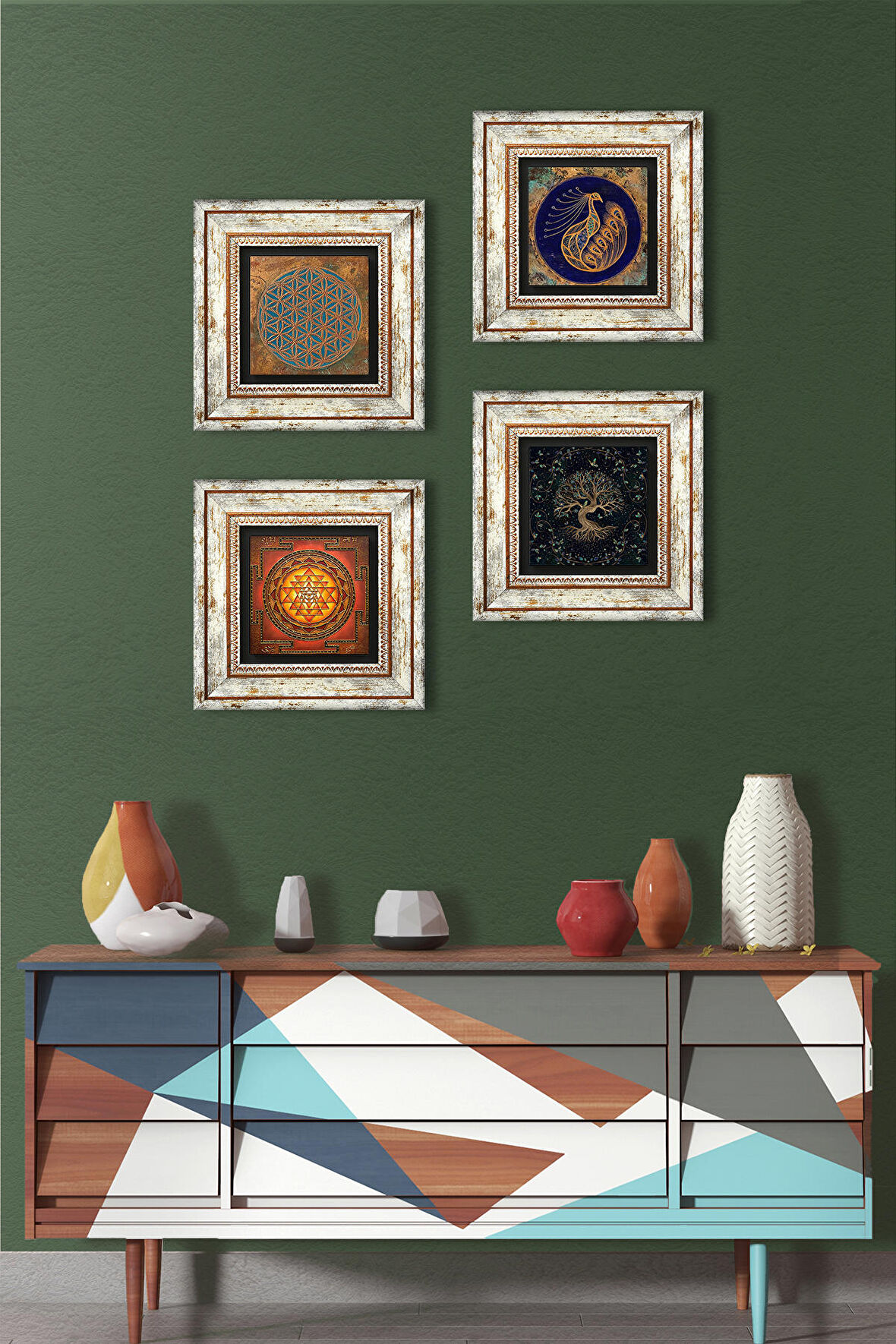 Yaşam Çiçeği, Tavus Kuşu, Sri Yantra, Hayat Ağacı Taş Duvar Tablosu Çerçeveli Duvar Dekoru 4 Parça Tablo Seti Wall Art