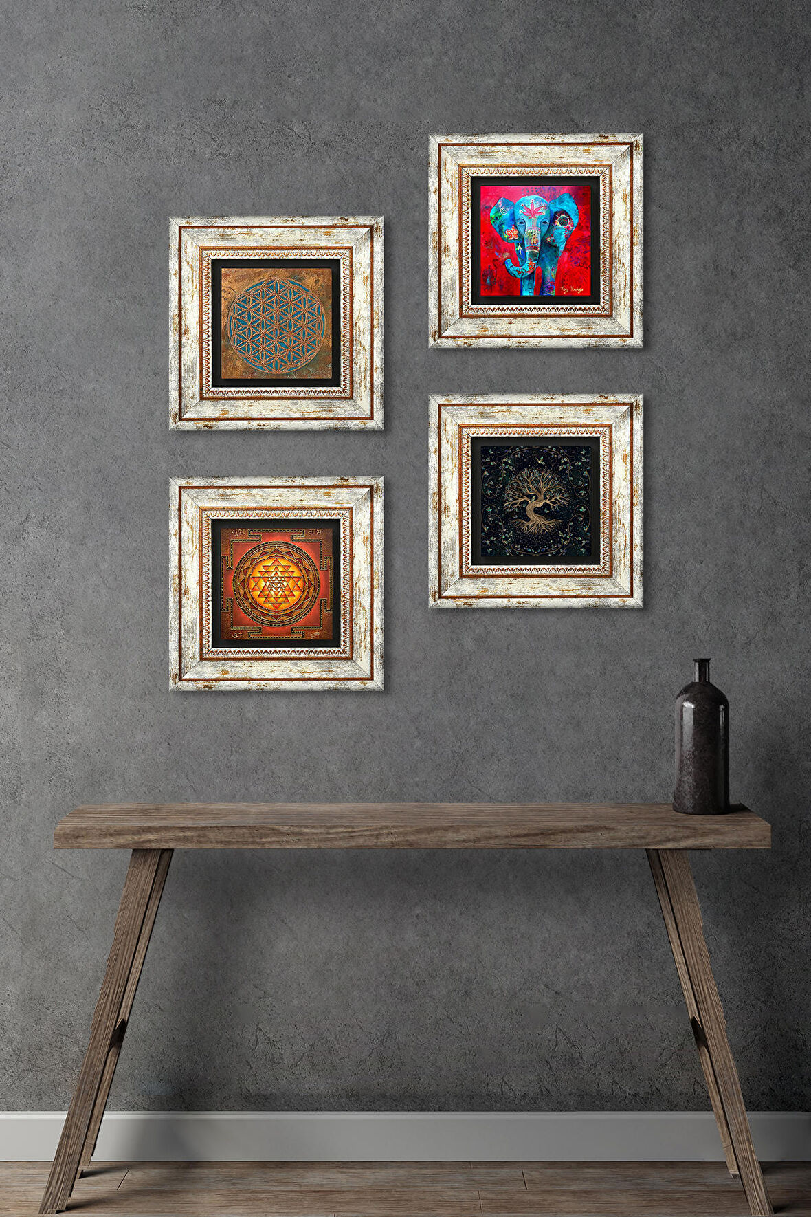 Yaşam Çiçeği, Fil, Sri Yantra, Hayat Ağacı Taş Duvar Tablosu Çerçeveli Duvar Dekoru 4 Parça Tablo Seti Wall Art