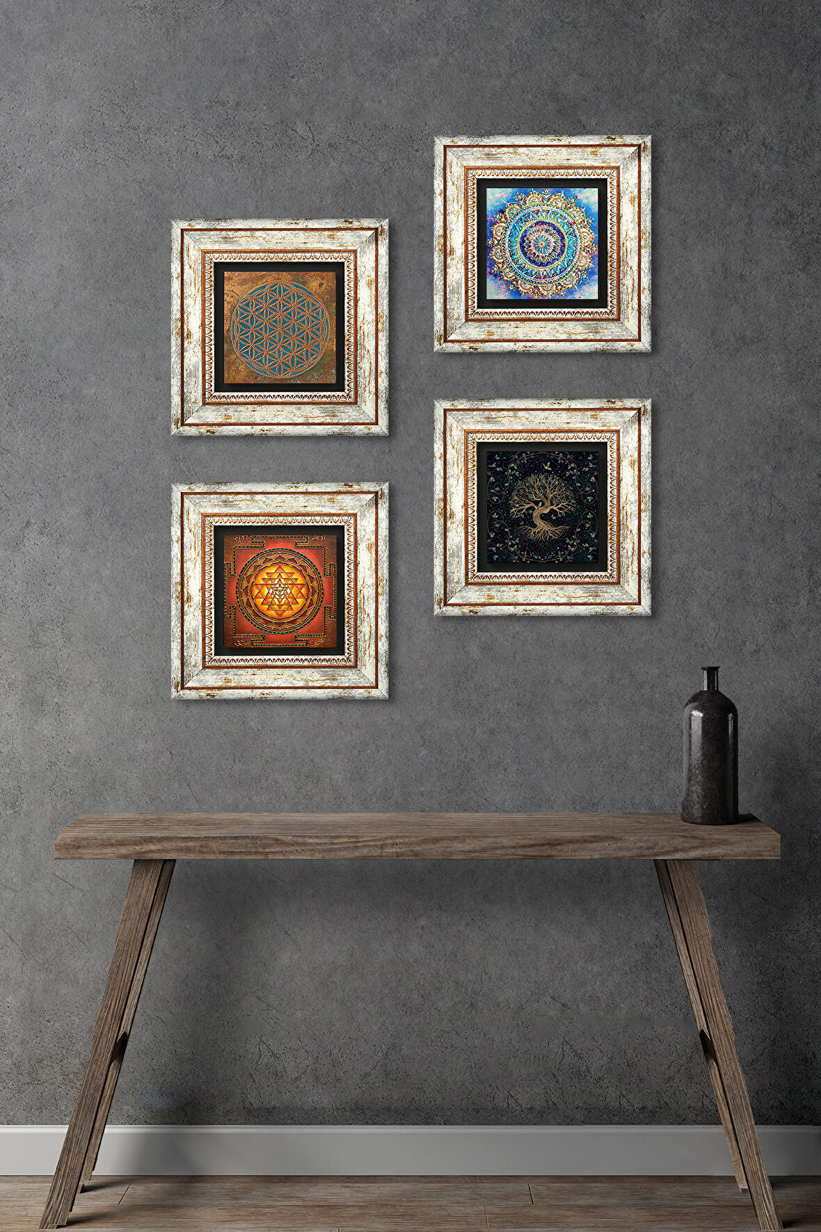 Yaşam Çiçeği, Mandala, Sri Yantra, Hayat Ağacı Taş Duvar Tablosu Çerçeveli Duvar Dekoru 4 Parça Tablo Seti Wall Art