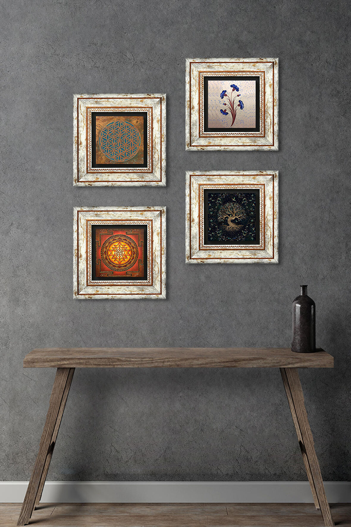 Yaşam Çiçeği, Ebru Sanatı, Sri Yantra, Hayat Ağacı Taş Duvar Tablosu Çerçeveli Duvar Dekoru 4 Parça Tablo Seti Wall Art
