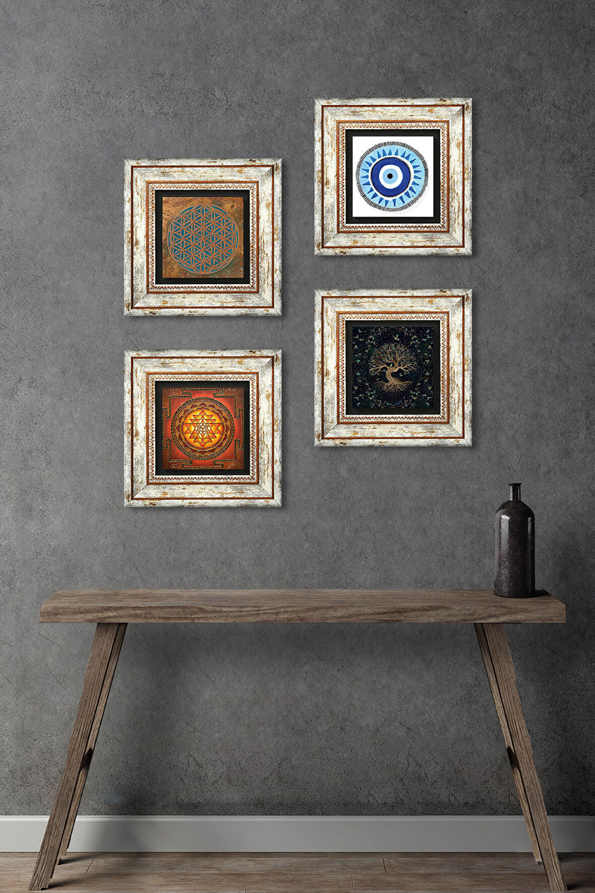 Yaşam Çiçeği, Nazar, Sri Yantra, Hayat Ağacı Taş Duvar Tablosu Çerçeveli Duvar Dekoru 4 Parça Tablo Seti Wall Art
