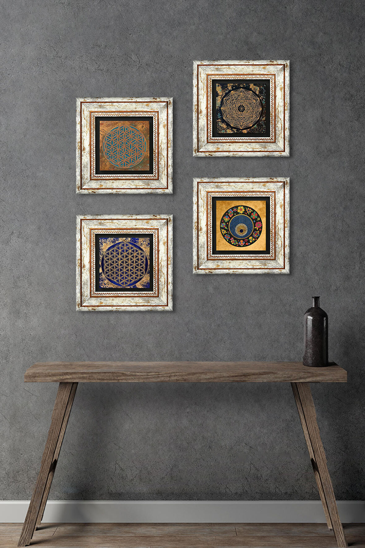 Sri Yantra, Yaşam Çiçeği, Nazar Taş Duvar Tablosu Çerçeveli Duvar Dekoru 4 Parça Tablo Seti Wall Art