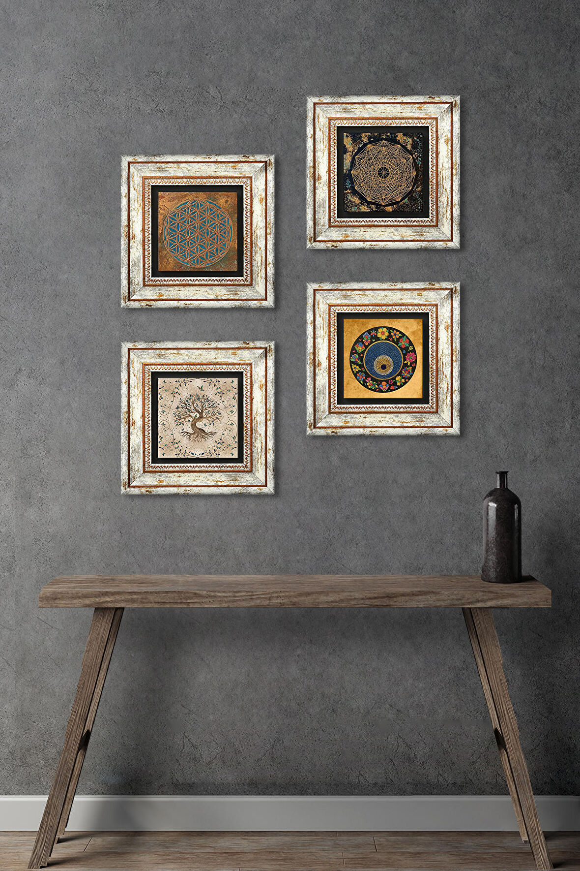 Yaşam Çiçeği, Sri Yantra, Nazar, Hayat Ağacı Taş Duvar Tablosu Çerçeveli Duvar Dekoru 4 Parça Tablo Seti Wall Art