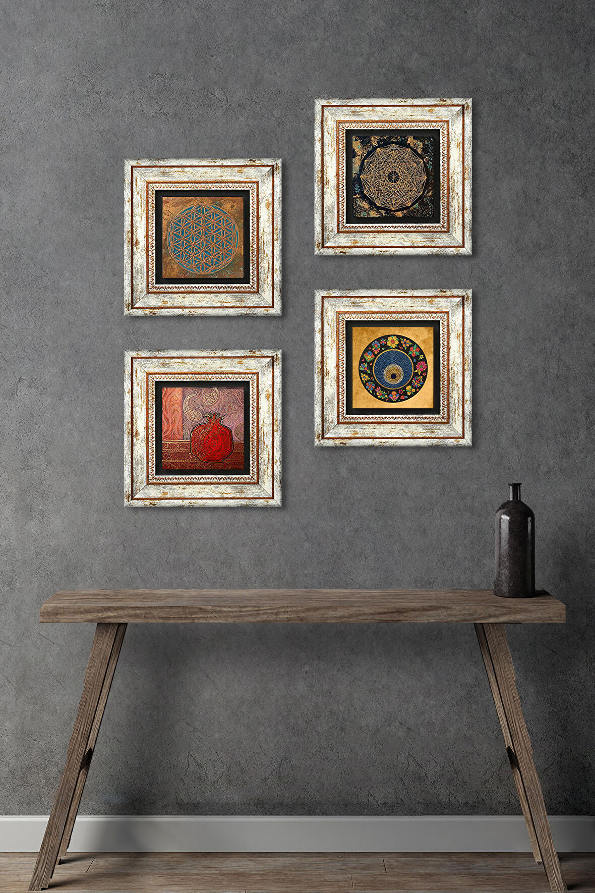 Yaşam Çiçeği, Sri Yantra, Nazar, Nar Taş Duvar Tablosu Çerçeveli Duvar Dekoru 4 Parça Tablo Seti Wall Art