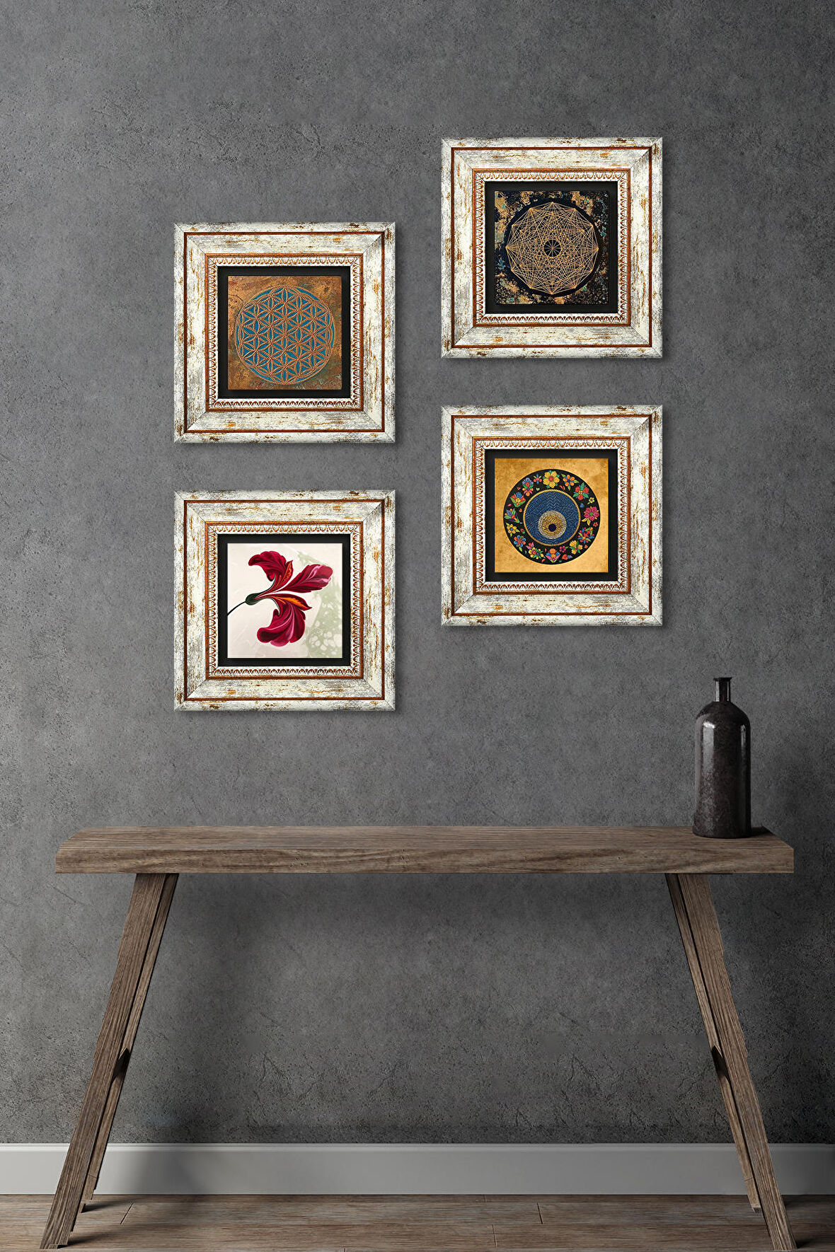 Yaşam Çiçeği, Sri Yantra, Nazar, Lale Taş Duvar Tablosu Çerçeveli Duvar Dekoru 4 Parça Tablo Seti Wall Art