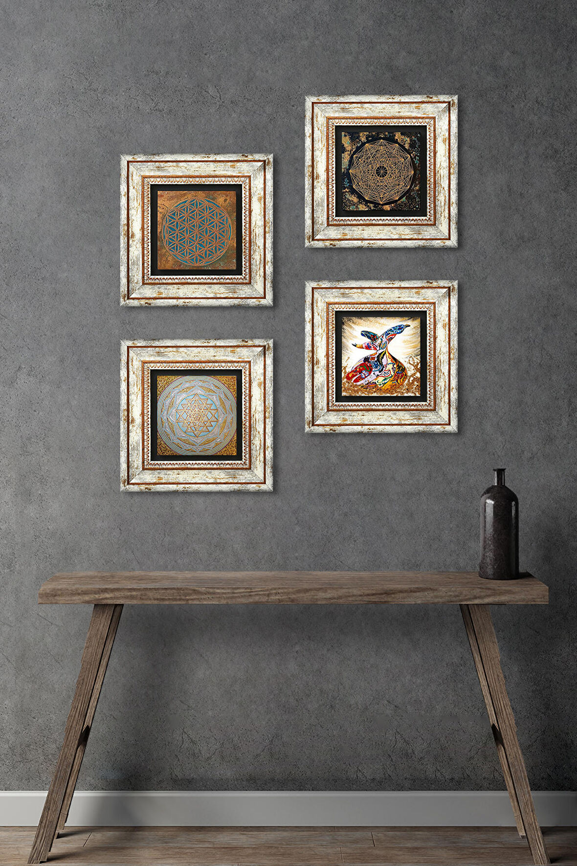 Yaşam Çiçeği, Sri Yantra, Semazen Taş Duvar Tablosu Çerçeveli Duvar Dekoru 4 Parça Tablo Seti Wall Art