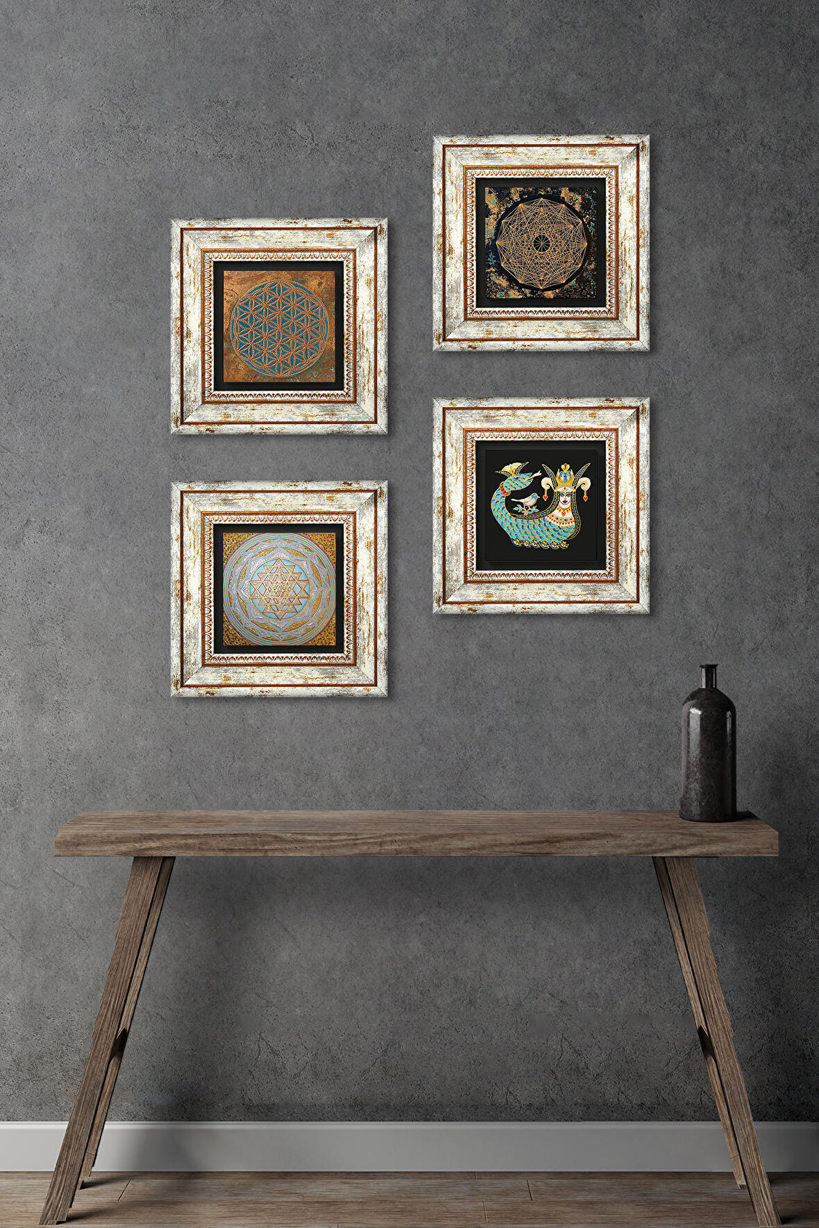 Yaşam Çiçeği, Sri Yantra, Şahmeran Taş Duvar Tablosu Çerçeveli Duvar Dekoru 4 Parça Tablo Seti Wall Art