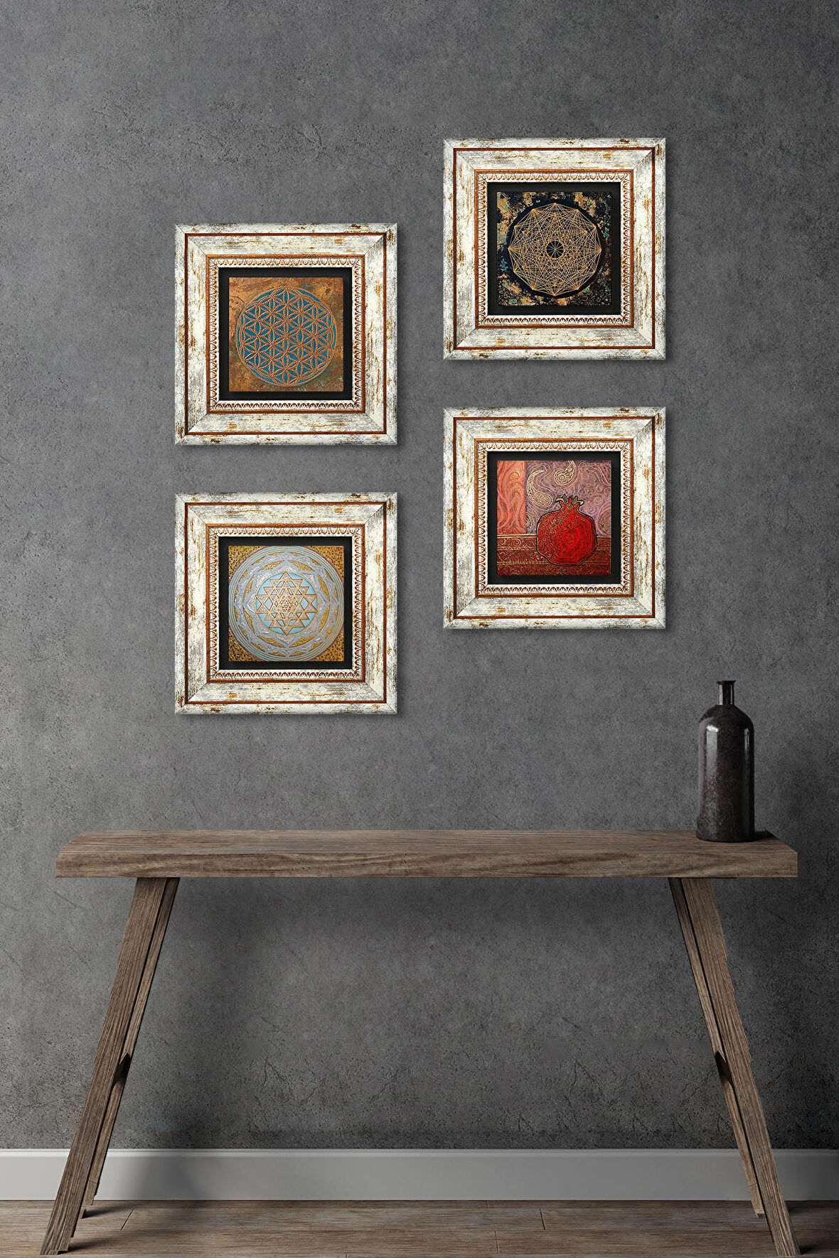 Yaşam Çiçeği, Sri Yantra, Nar Taş Duvar Tablosu Çerçeveli Duvar Dekoru 4 Parça Tablo Seti Wall Art