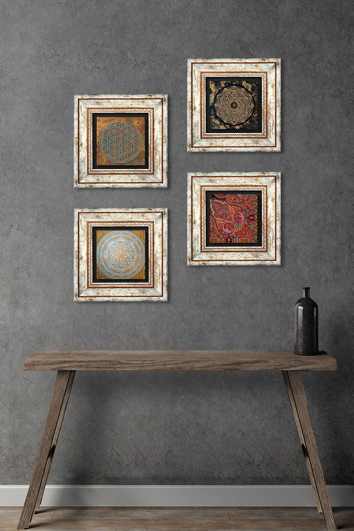 Yaşam Çiçeği, Sri Yantra, Desen Taş Duvar Tablosu Çerçeveli Duvar Dekoru 4 Parça Tablo Seti Wall Art