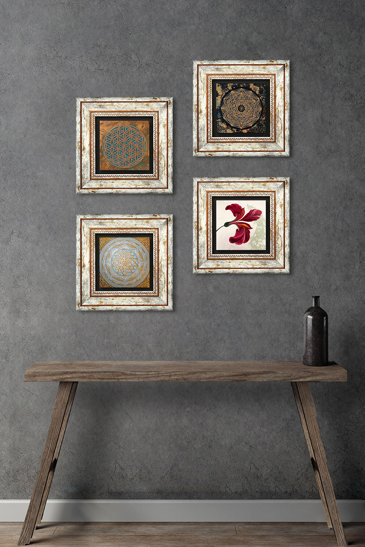 Yaşam Çiçeği, Sri Yantra, Lale Taş Duvar Tablosu Çerçeveli Duvar Dekoru 4 Parça Tablo Seti Wall Art