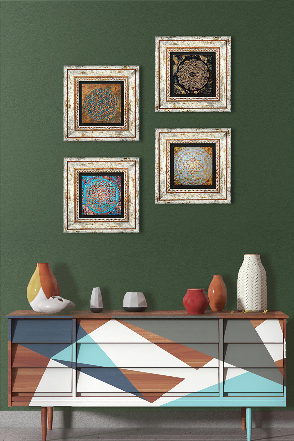 Yaşam Çiçeği, Sri Yantra Taş Duvar Tablosu Çerçeveli Duvar Dekoru 4 Parça Tablo Seti Wall Art