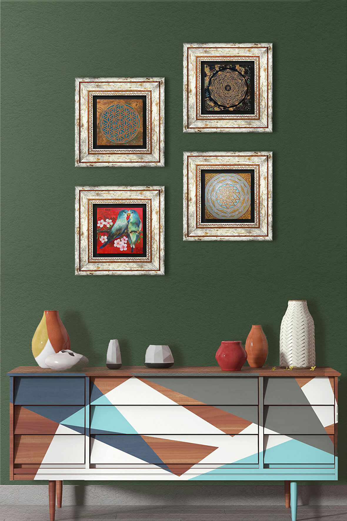 Yaşam Çiçeği, Kuş, Sri Yantra Taş Duvar Tablosu Çerçeveli Duvar Dekoru 4 Parça Tablo Seti Wall Art
