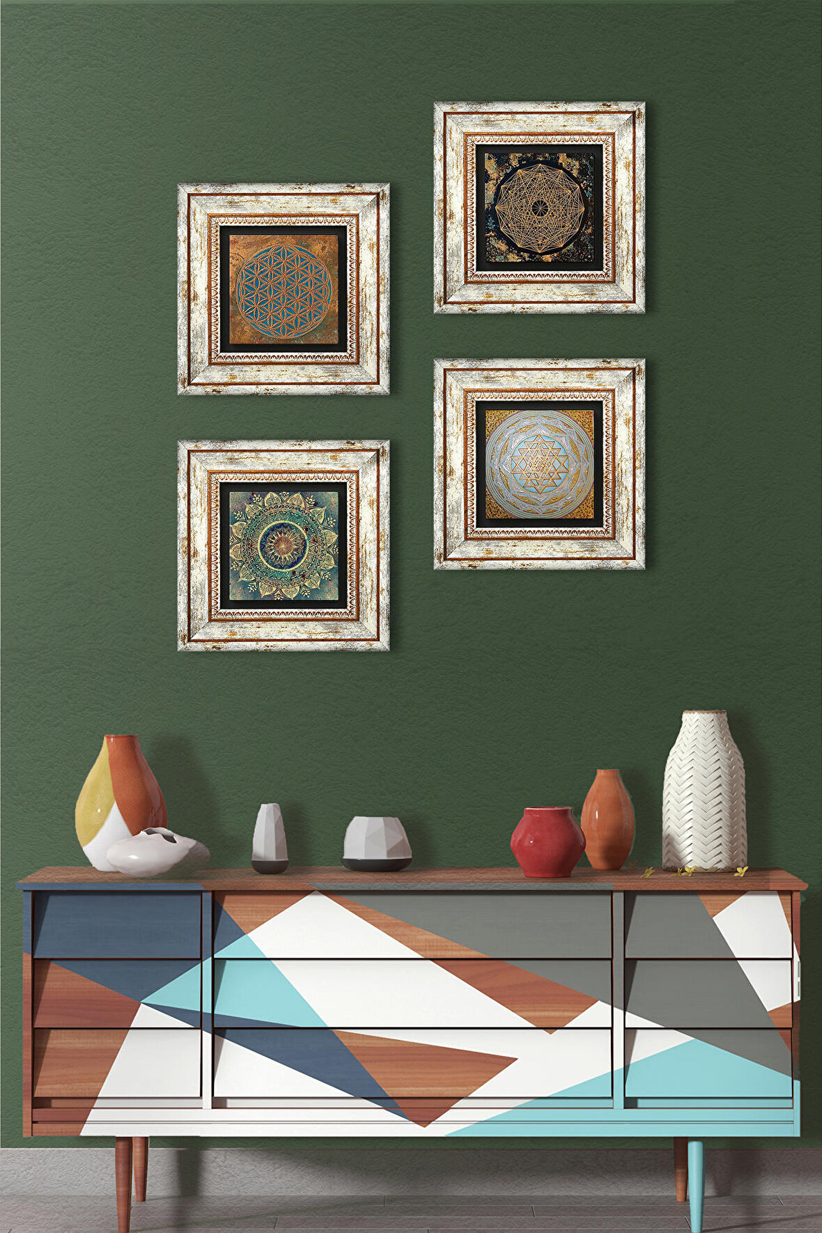 Yaşam Çiçeği, Mandala, Sri Yantra Taş Duvar Tablosu Çerçeveli Duvar Dekoru 4 Parça Tablo Seti Wall Art