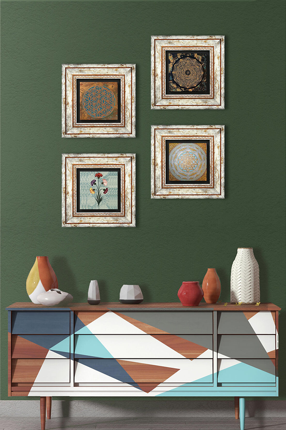 Yaşam Çiçeği, Ebru Sanatı, Sri Yantra Taş Duvar Tablosu Çerçeveli Duvar Dekoru 4 Parça Tablo Seti Wall Art