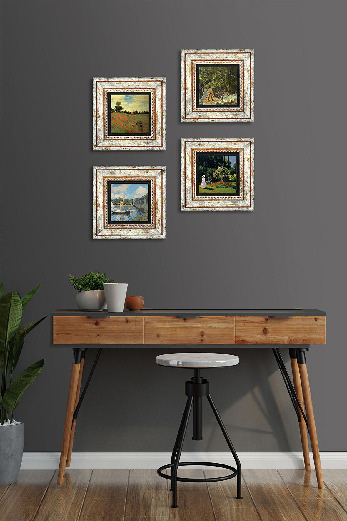 Monet Kırda Öğle Yemeği, Bahçedeki Kadın, Köprü, Gelincikler Taş Duvar Tablosu Çerçeveli Duvar Dekoru 4 Parça Tablo Seti Wall Art