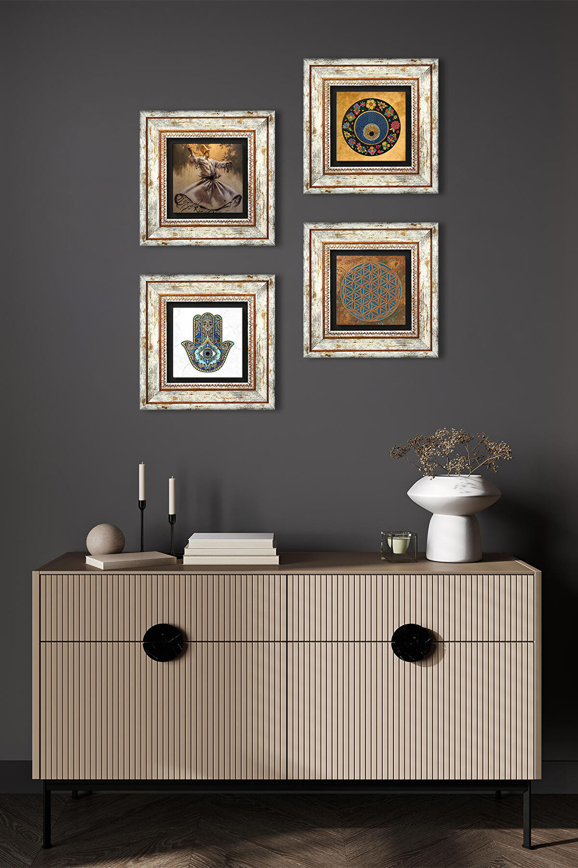 Yaşam Çiçeği, Semazen, Nazar, Fatma Ana Eli (Hamsa) Taş Duvar Tablosu Çerçeveli Duvar Dekoru 4 Parça Tablo Seti Wall Art