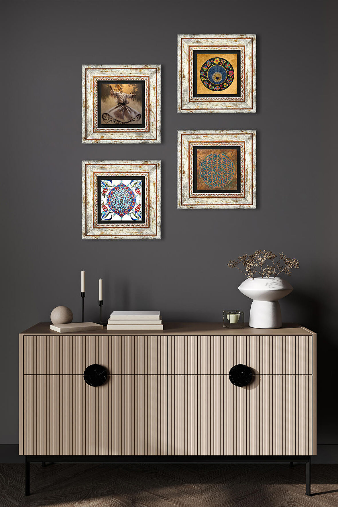 Yaşam Çiçeği, Semazen, Nazar, Çini Sanatı Taş Duvar Tablosu Çerçeveli Duvar Dekoru 4 Parça Tablo Seti Wall Art