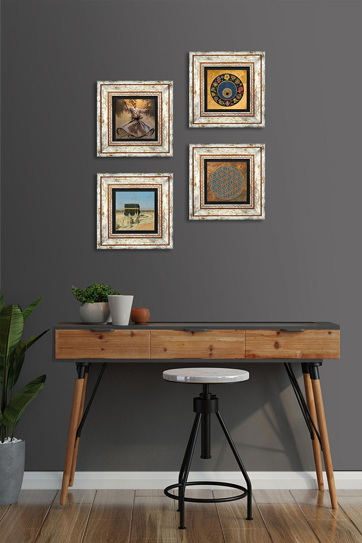 Yaşam Çiçeği, Semazen, Kabe-i Muazzama, Nazar Taş Duvar Tablosu Çerçeveli Duvar Dekoru 4 Parça Tablo Seti Wall Art