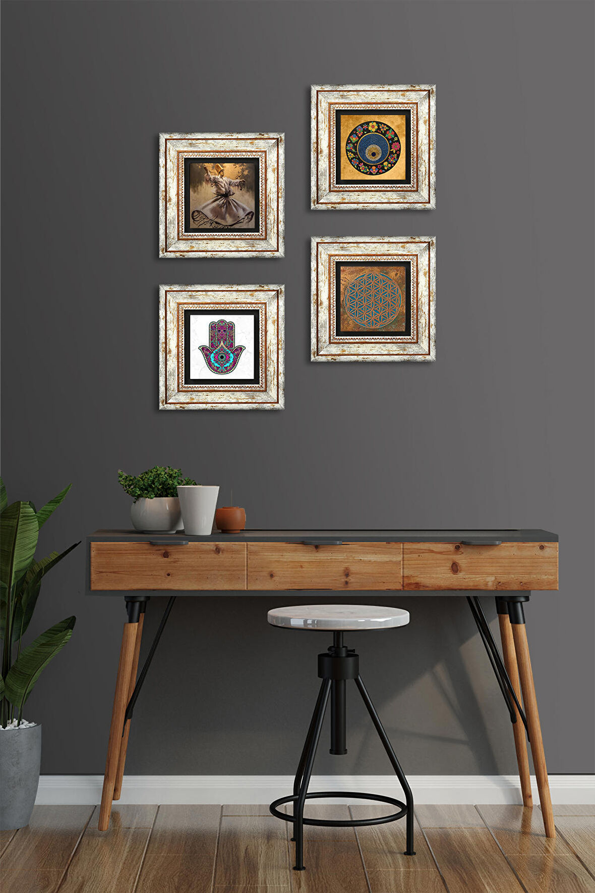 Yaşam Çiçeği, Semazen, Fatma Ana Eli (Hamsa), Nazar Taş Duvar Tablosu Çerçeveli Duvar Dekoru 4 Parça Tablo Seti Wall Art