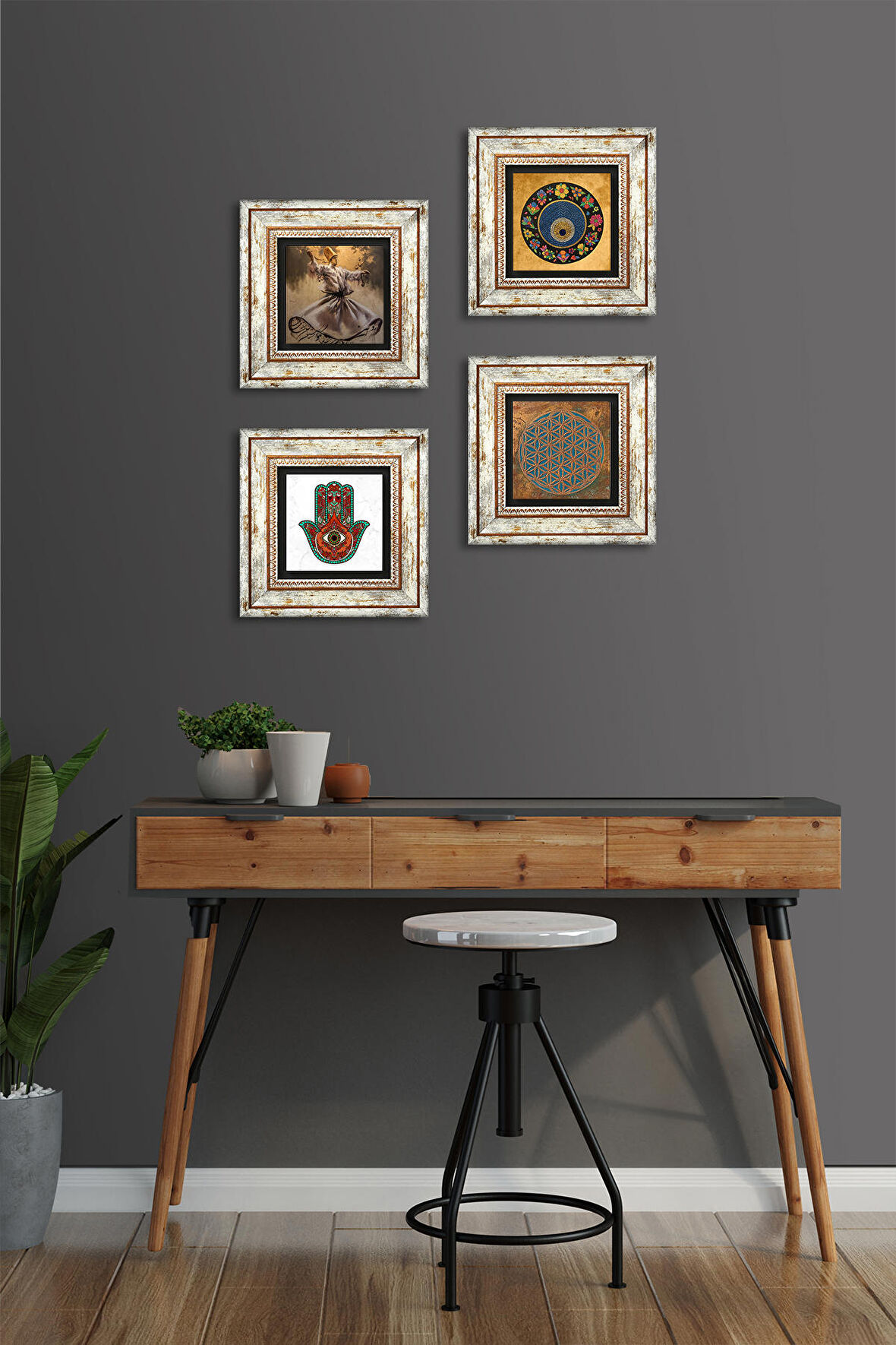 Yaşam Çiçeği, Semazen, Fatma Ana Eli (Hamsa), Nazar Taş Duvar Tablosu Çerçeveli Duvar Dekoru 4 Parça Tablo Seti Wall Art