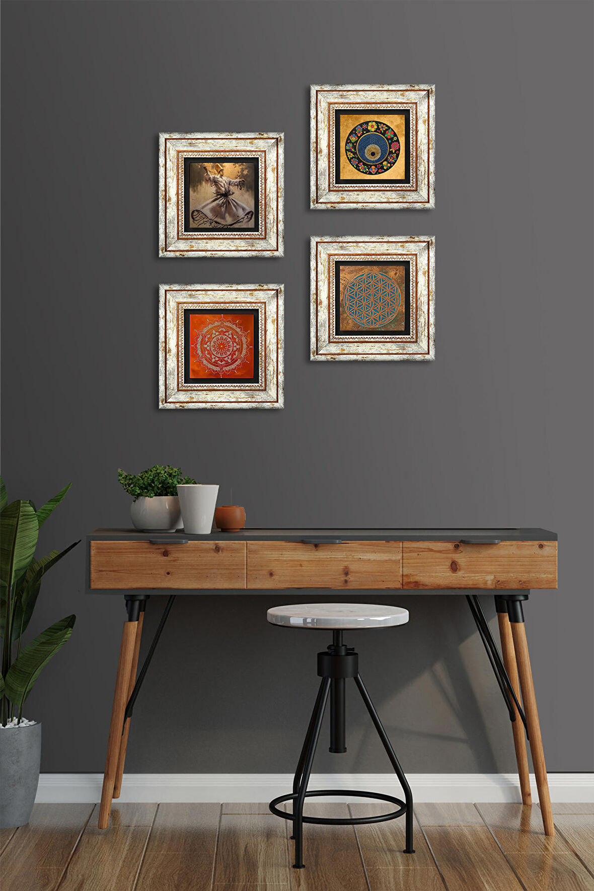 Yaşam Çiçeği, Semazen, Mandala, Nazar Taş Duvar Tablosu Çerçeveli Duvar Dekoru 4 Parça Tablo Seti Wall Art