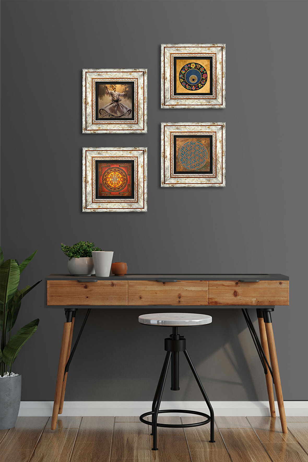 Yaşam Çiçeği, Semazen, Sri Yantra, Nazar Taş Duvar Tablosu Çerçeveli Duvar Dekoru 4 Parça Tablo Seti Wall Art