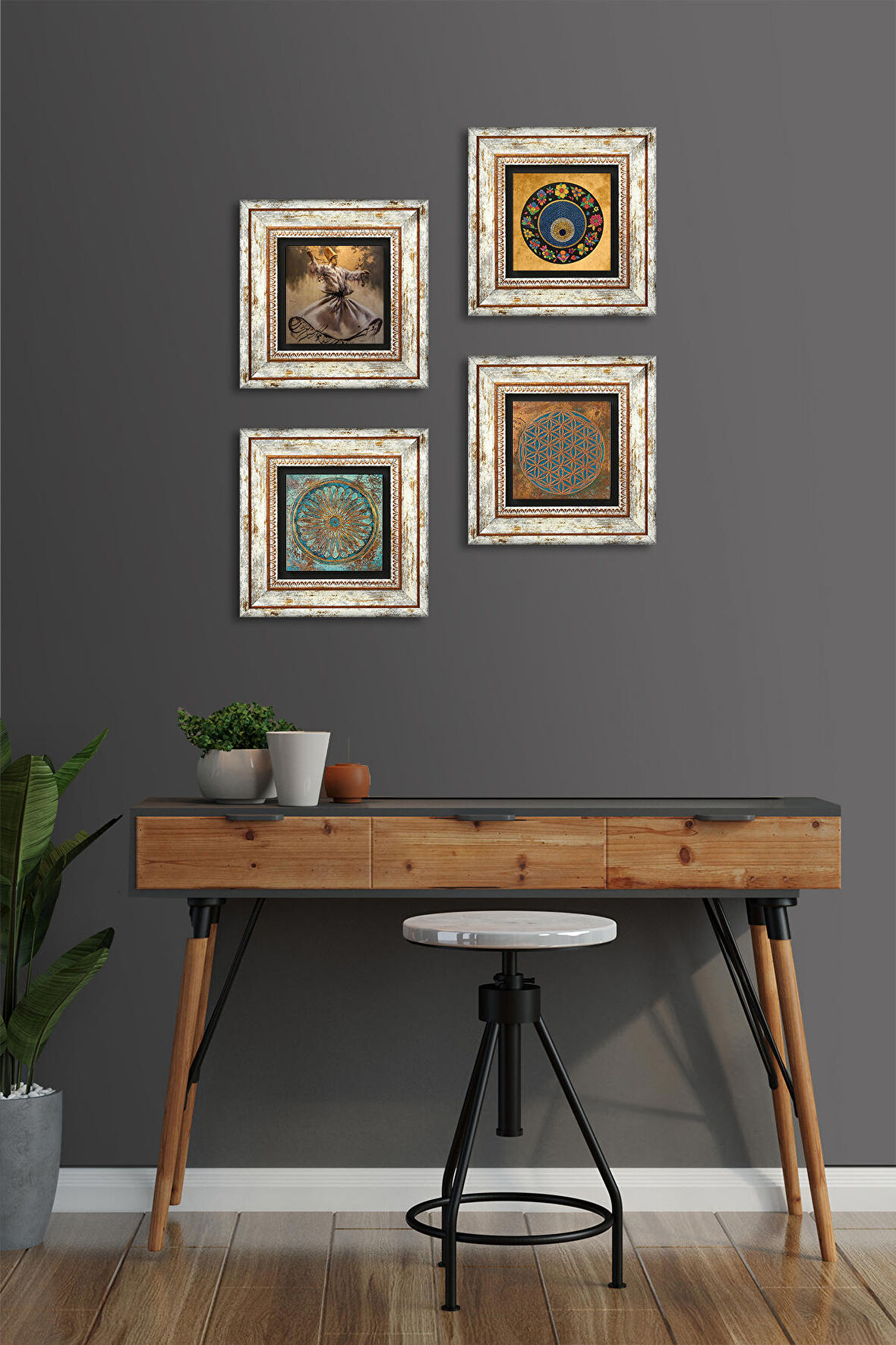 Semazen, Yaşam Çiçeği, Nazar Taş Duvar Tablosu Çerçeveli Duvar Dekoru 4 Parça Tablo Seti Wall Art