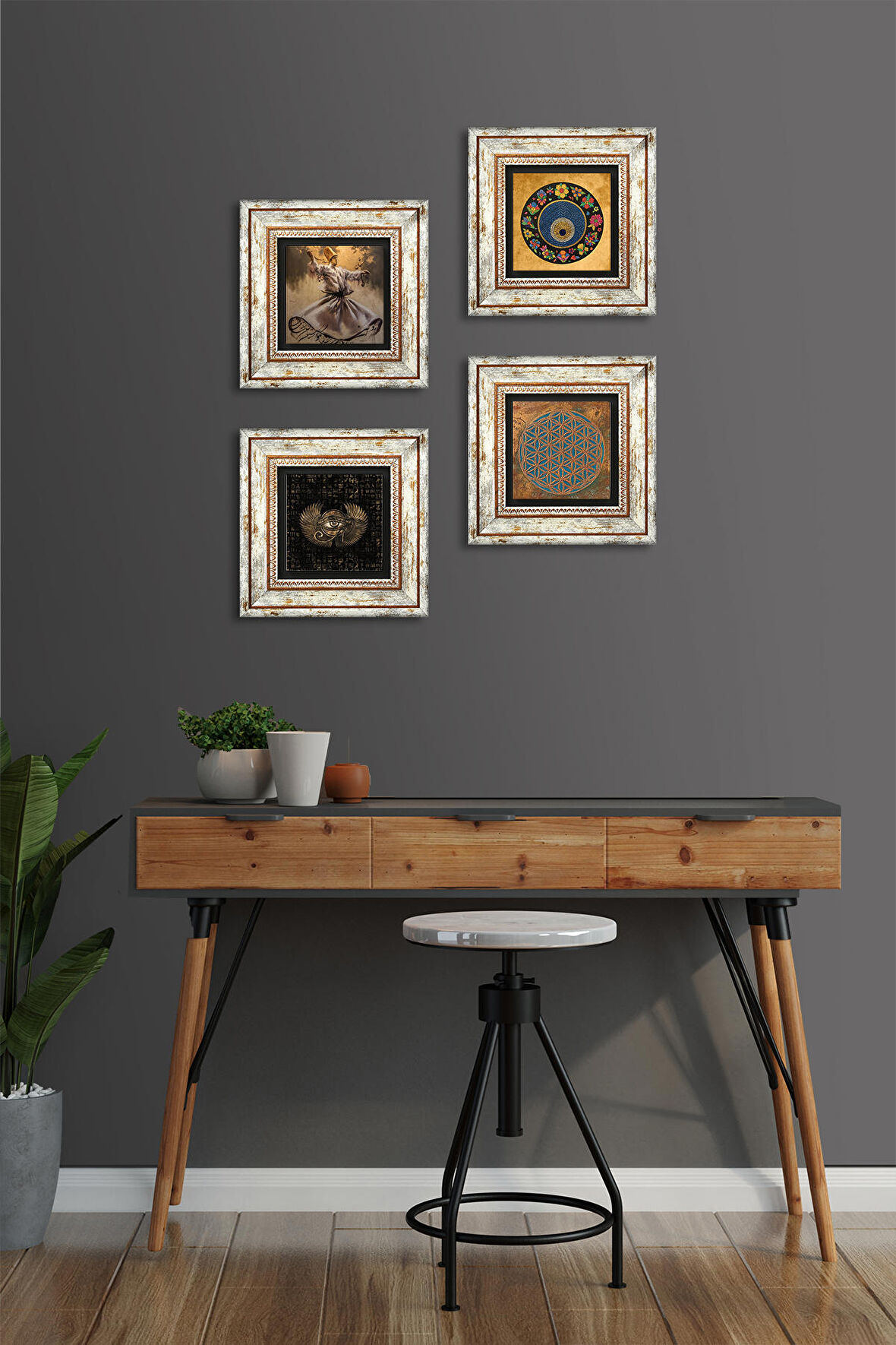 Yaşam Çiçeği, Semazen, Horus'un Gözü, Nazar Taş Duvar Tablosu Çerçeveli Duvar Dekoru 4 Parça Tablo Seti Wall Art