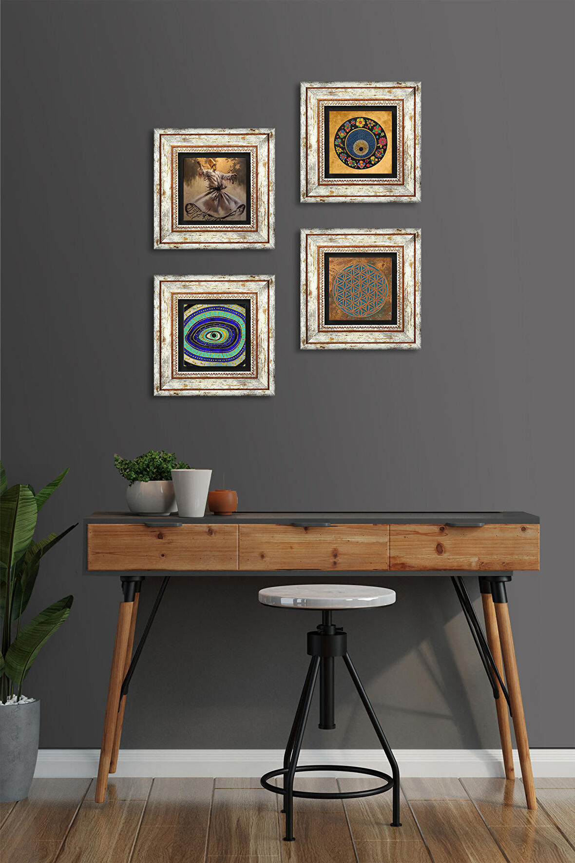 Yaşam Çiçeği, Semazen, Nazar Taş Duvar Tablosu Çerçeveli Duvar Dekoru 4 Parça Tablo Seti Wall Art
