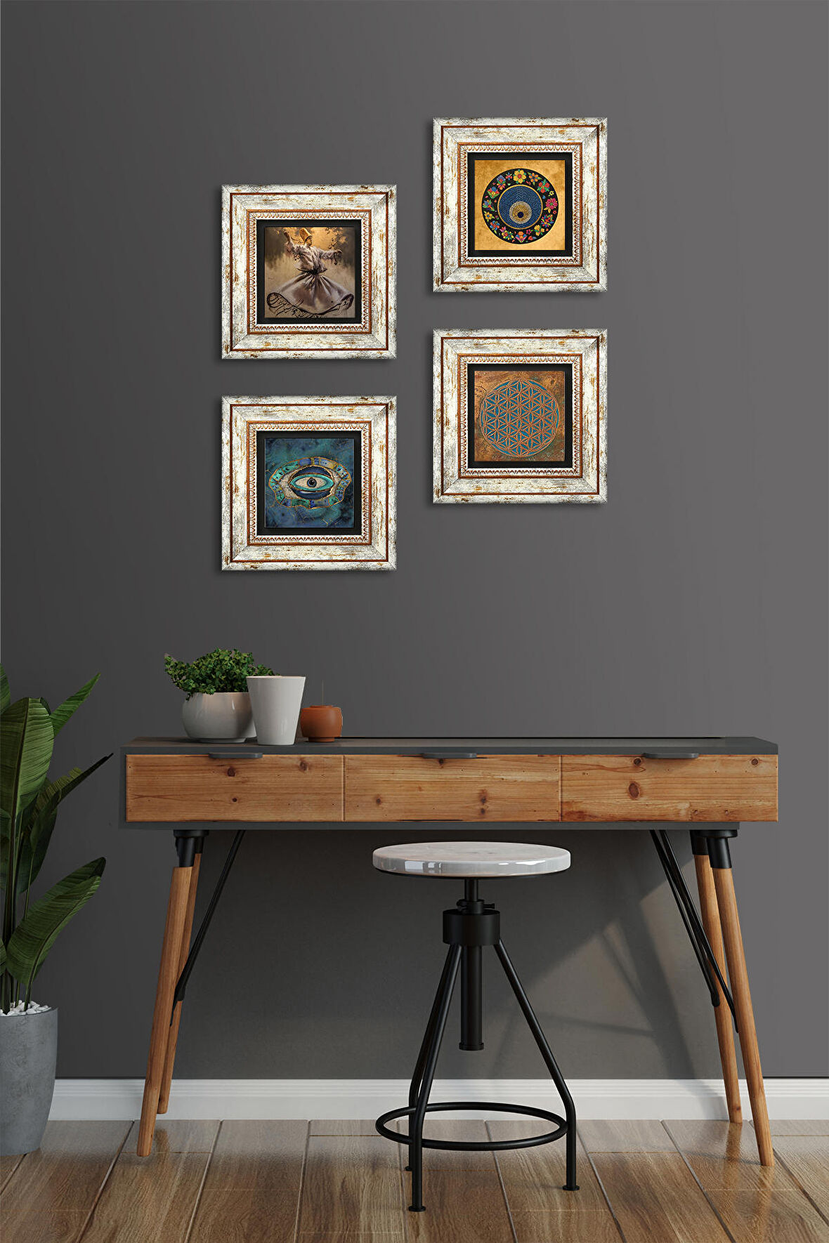 Yaşam Çiçeği, Semazen, Nazar Taş Duvar Tablosu Çerçeveli Duvar Dekoru 4 Parça Tablo Seti Wall Art