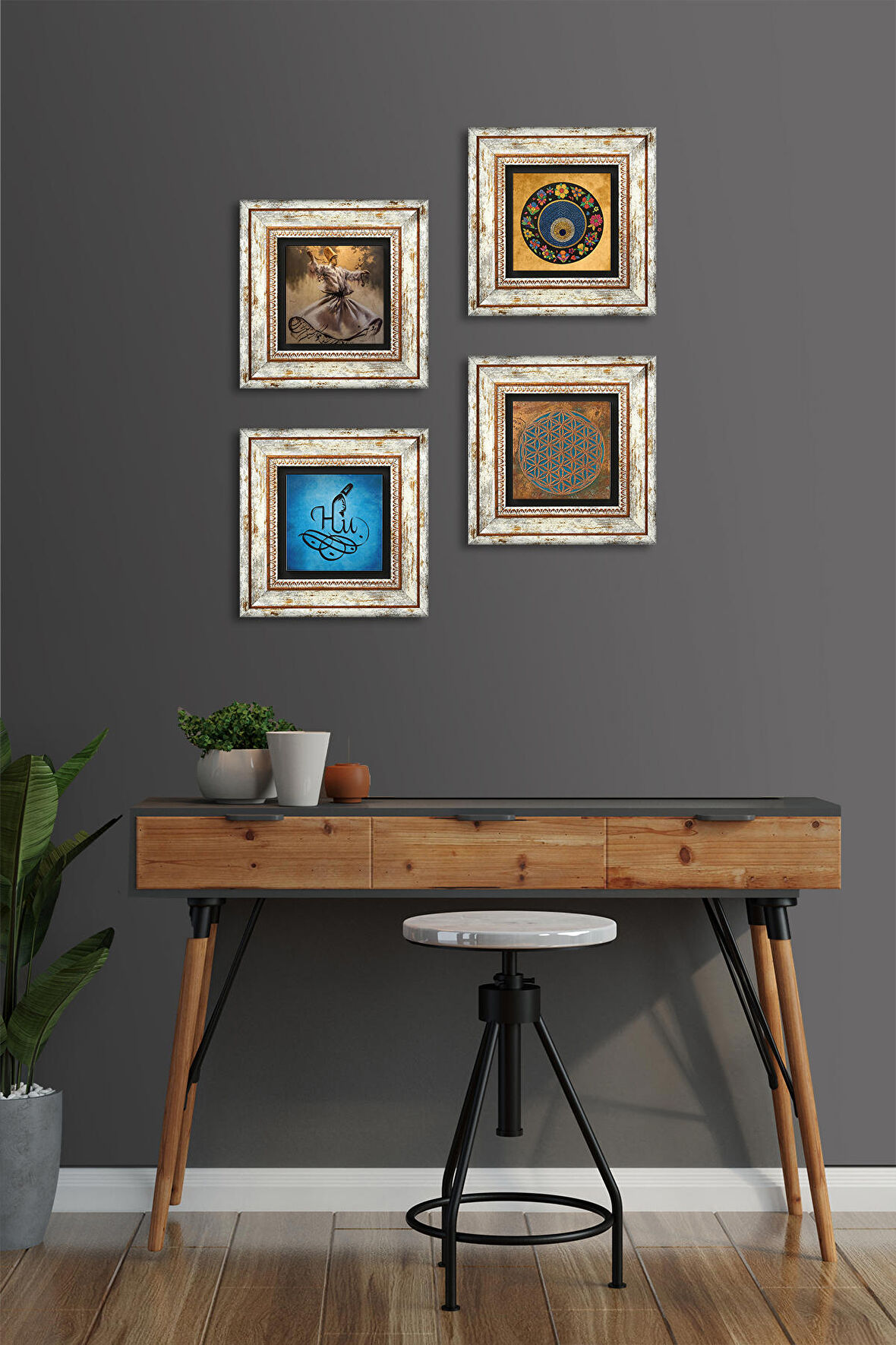 Yaşam Çiçeği, Semazen, Hu, Nazar Taş Duvar Tablosu Çerçeveli Duvar Dekoru 4 Parça Tablo Seti Wall Art