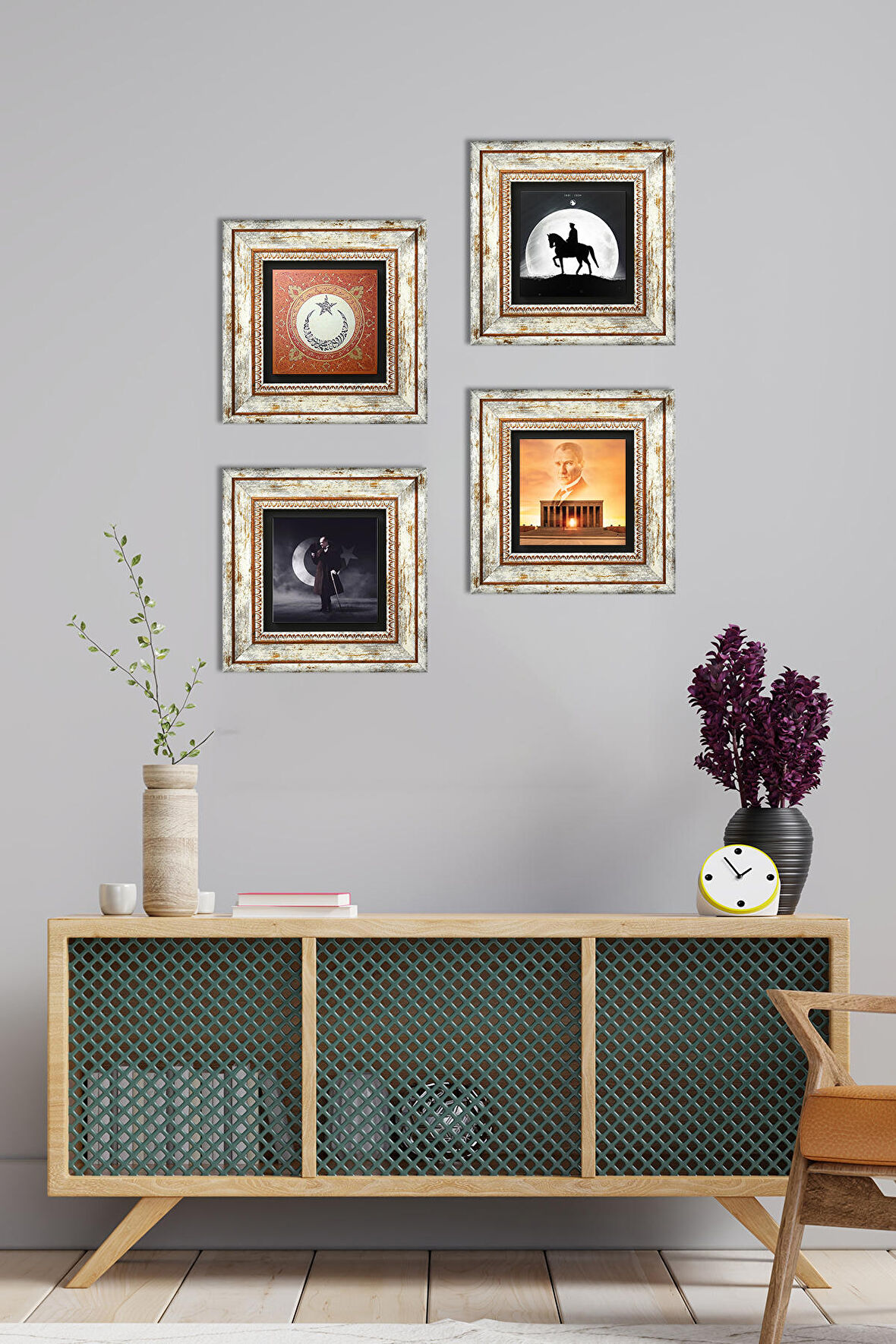 Anıtkabir, Atatürk, Ay Yıldız Taş Duvar Tablosu Çerçeveli Duvar Dekoru 4 Parça Tablo Seti Wall Art