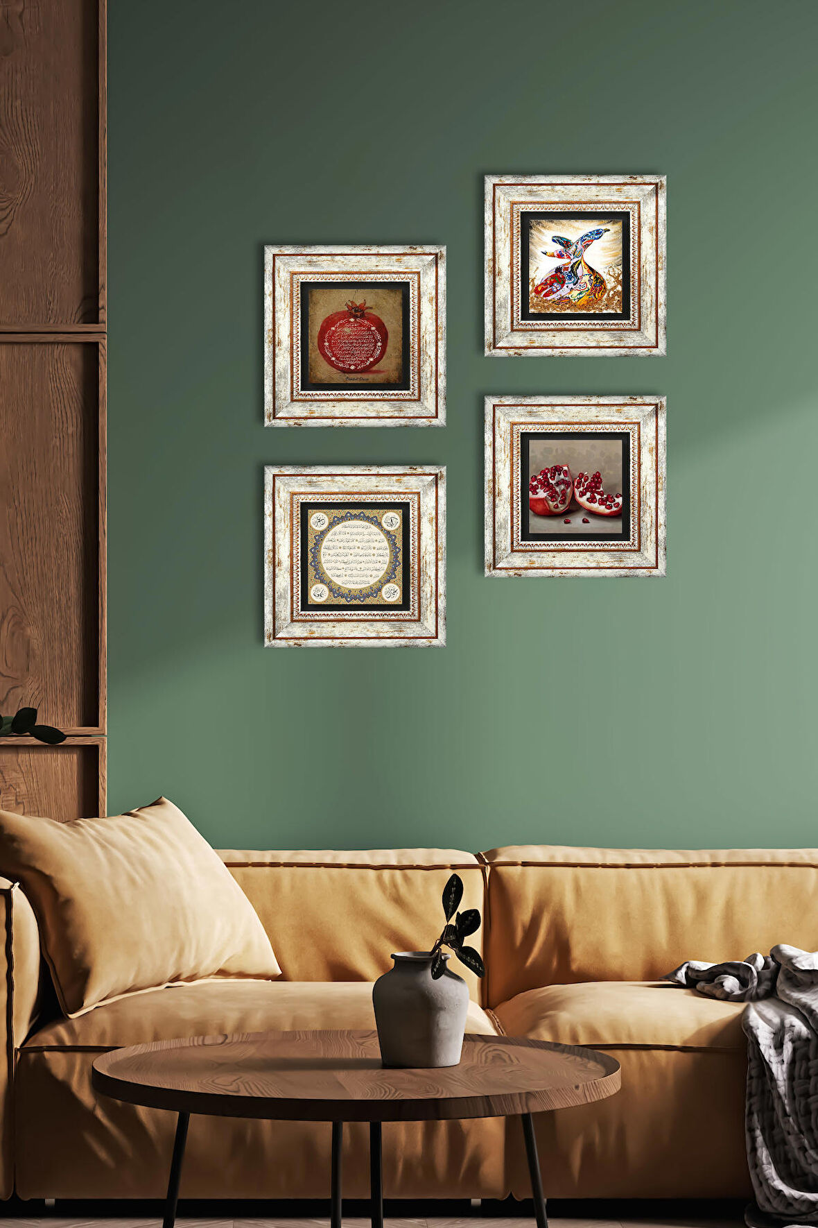 Hilye-i Şerif, Bereket Duası, Semazen, Nar Taş Duvar Tablosu Çerçeveli Duvar Dekoru 4 Parça Tablo Seti Wall Art