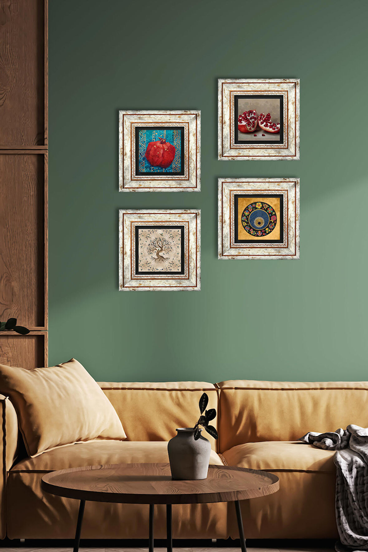 Nazar, Hayat Ağacı, Nar Taş Duvar Tablosu Çerçeveli Duvar Dekoru 4 Parça Tablo Seti Wall Art