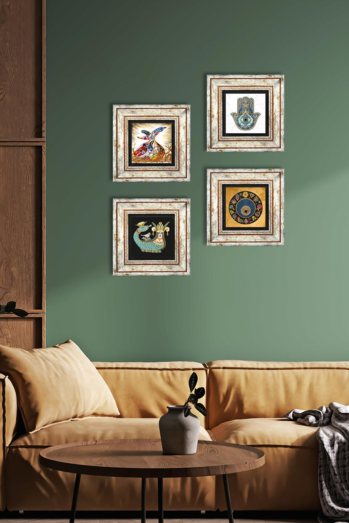 Nazar, Şahmeran, Semazen, Fatma Ana Eli (Hamsa) Taş Duvar Tablosu Çerçeveli Duvar Dekoru 4 Parça Tablo Seti Wall Art