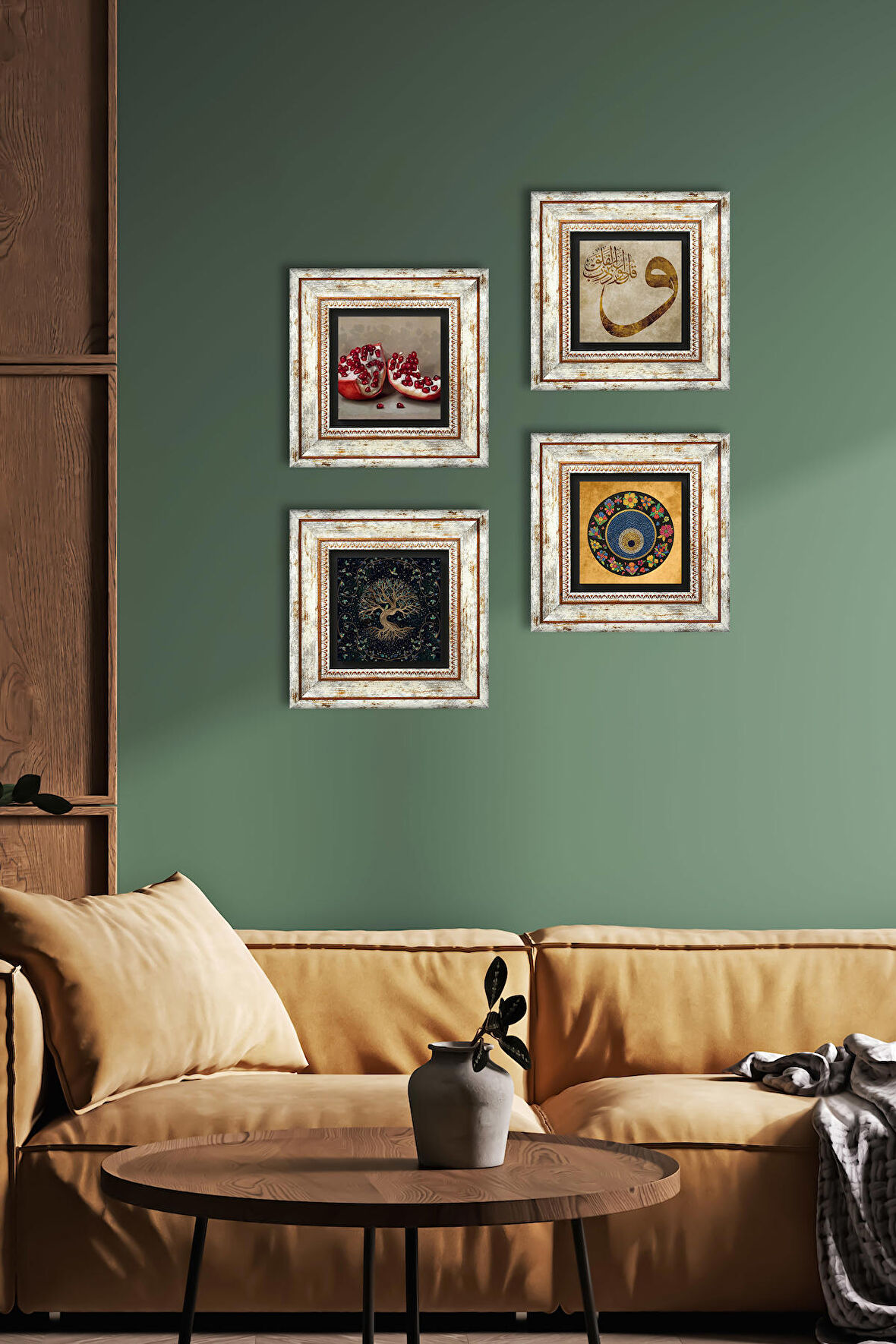 Hayat Ağacı, Vav, Nazar, Nar Taş Duvar Tablosu Çerçeveli Duvar Dekoru 4 Parça Tablo Seti Wall Art
