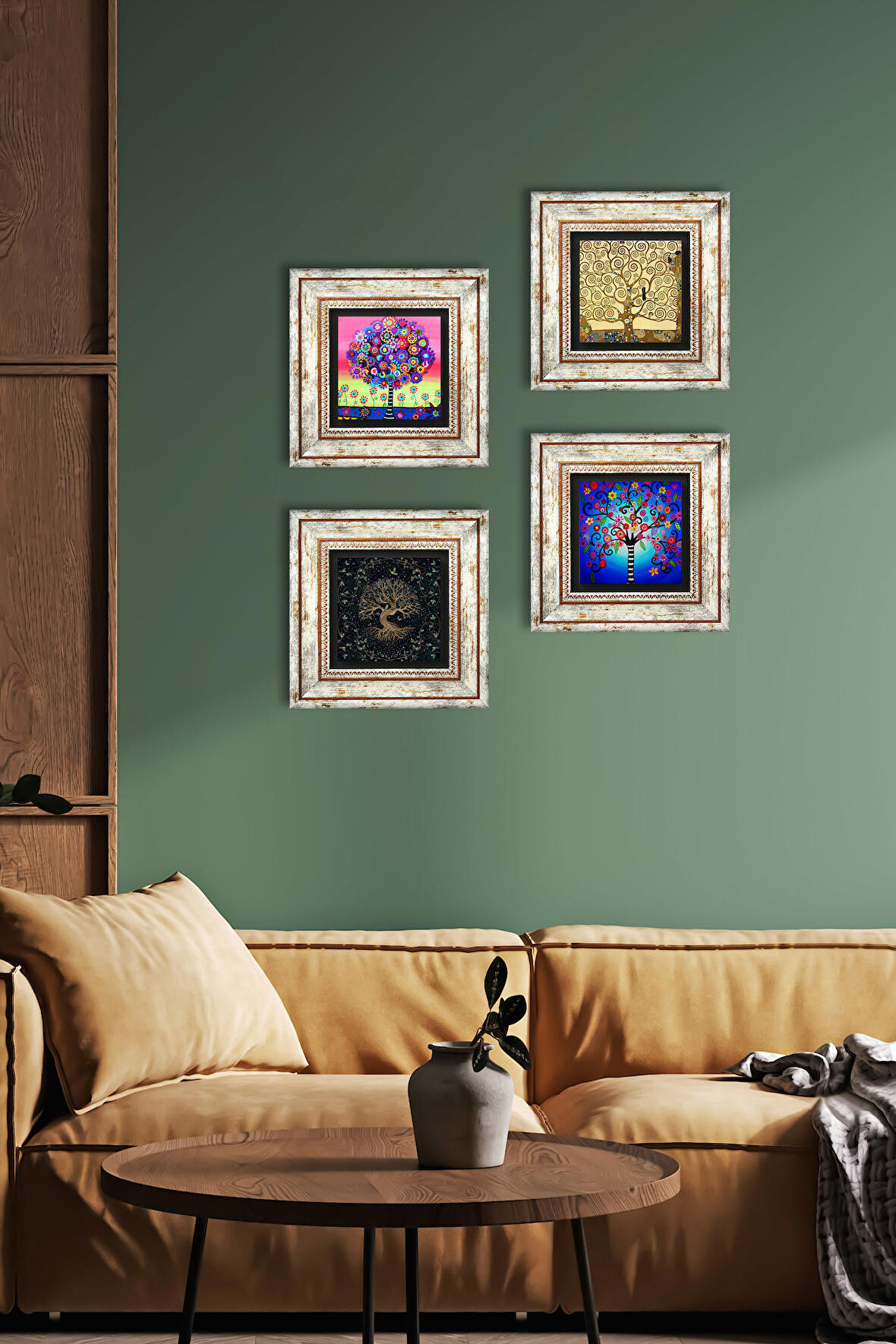 Hayat Ağacı Taş Duvar Tablosu Çerçeveli Duvar Dekoru 4 Parça Tablo Seti Wall Art