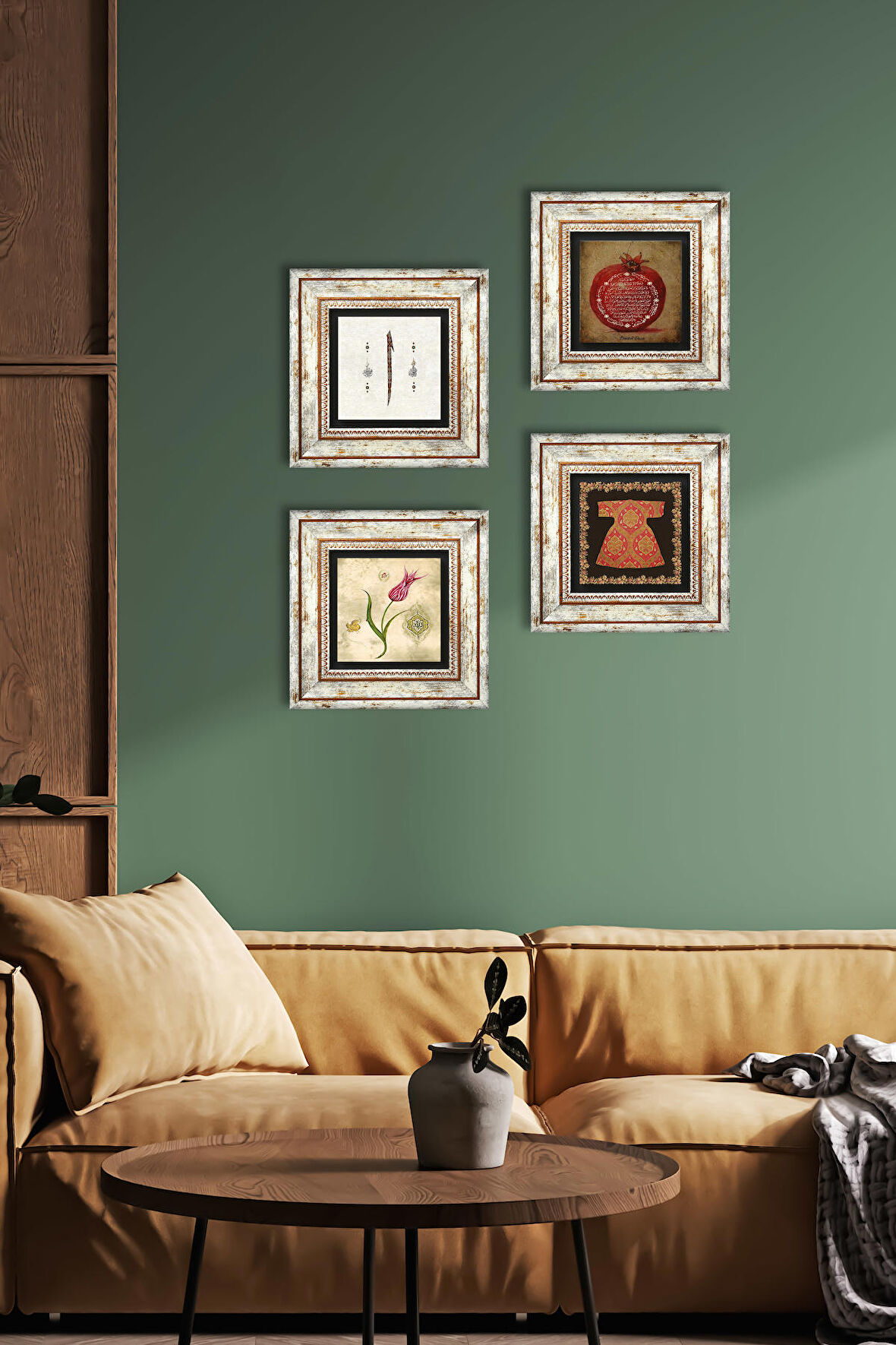 Hırka-i Şerif, Lale, Elif, Bereket Duası Taş Duvar Tablosu Çerçeveli Duvar Dekoru 4 Parça Tablo Seti Wall Art