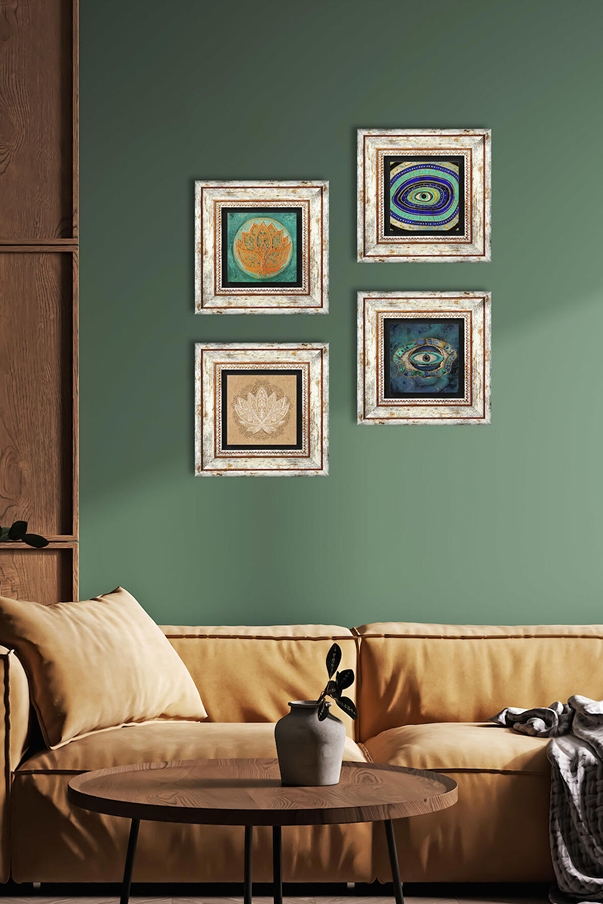 Nazar, Lotus Çiçeği Taş Duvar Tablosu Çerçeveli Duvar Dekoru 4 Parça Tablo Seti Wall Art