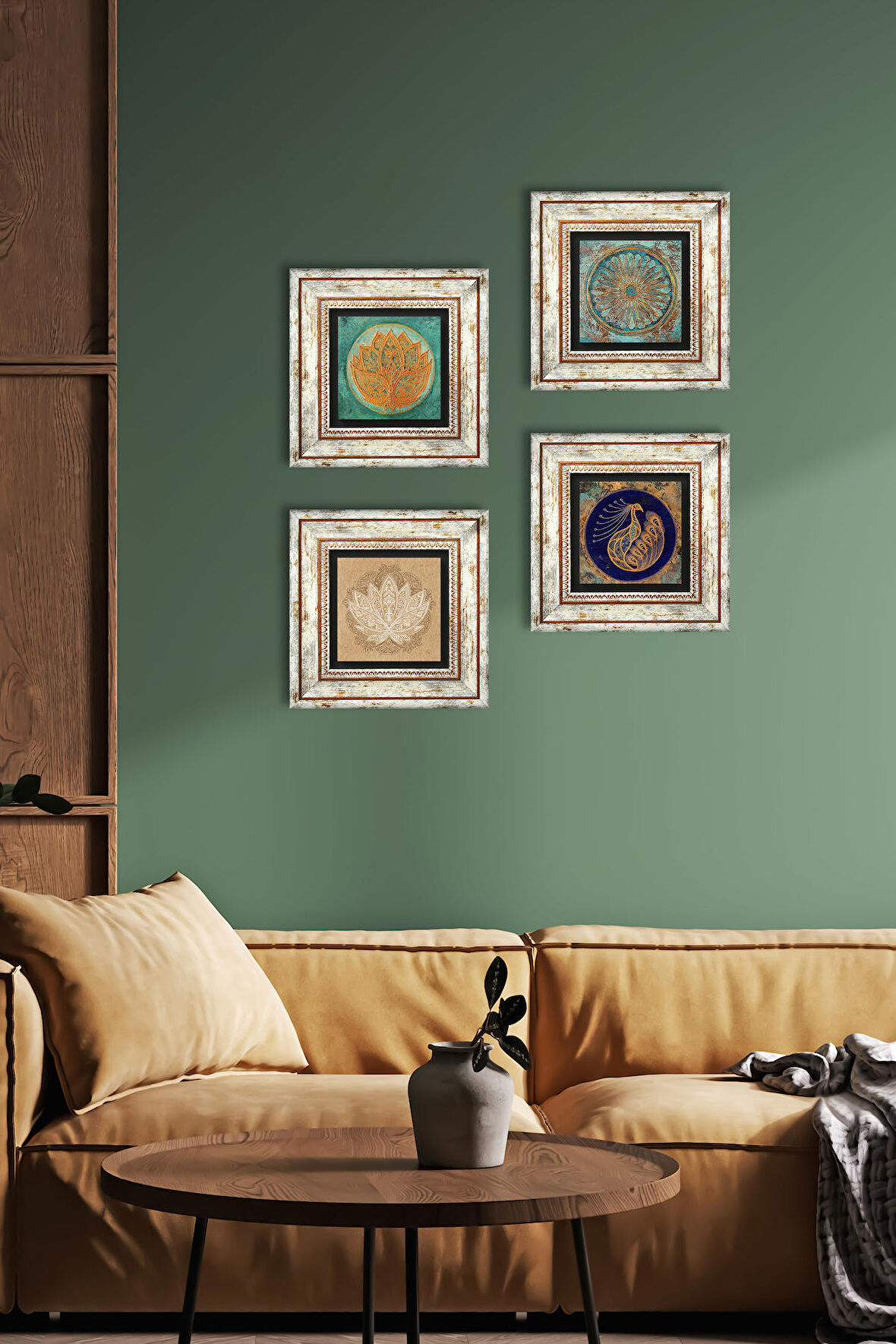 Tavus Kuşu, Yaşam Çiçeği, Lotus Çiçeği Taş Duvar Tablosu Çerçeveli Duvar Dekoru 4 Parça Tablo Seti Wall Art
